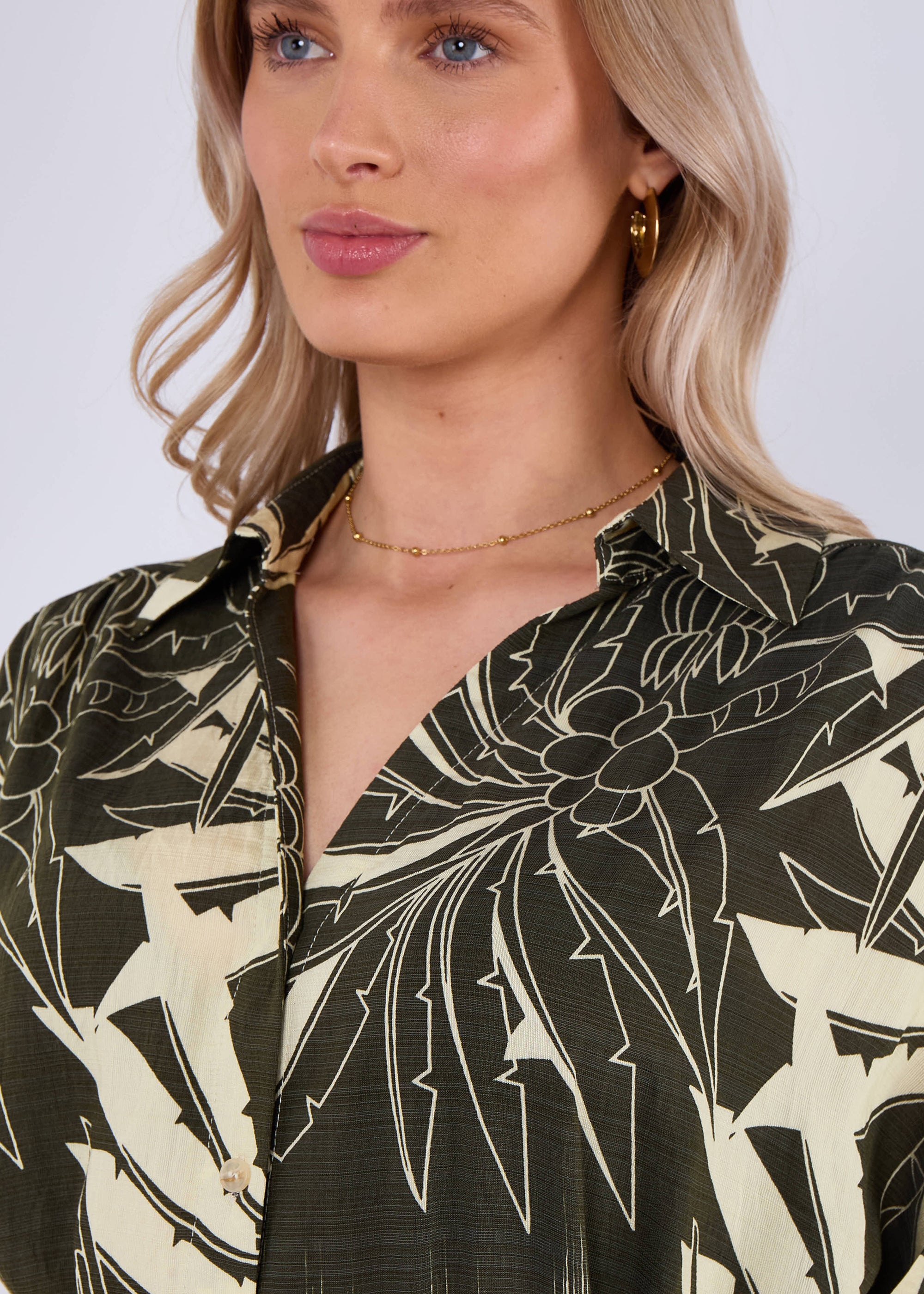 Khaki Tropical Print Midi Shirt Dress