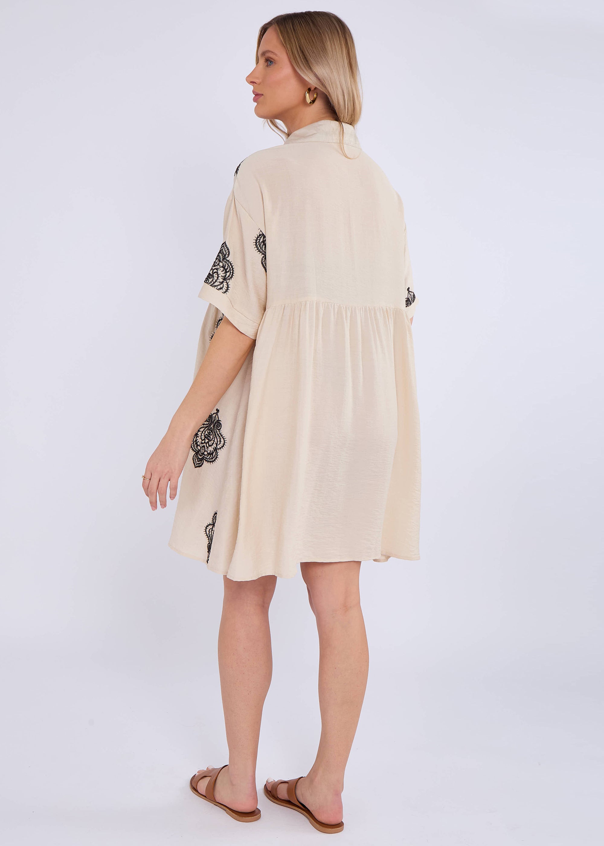 Beige Embroidery Smock Oversized Mini Shirt Dress