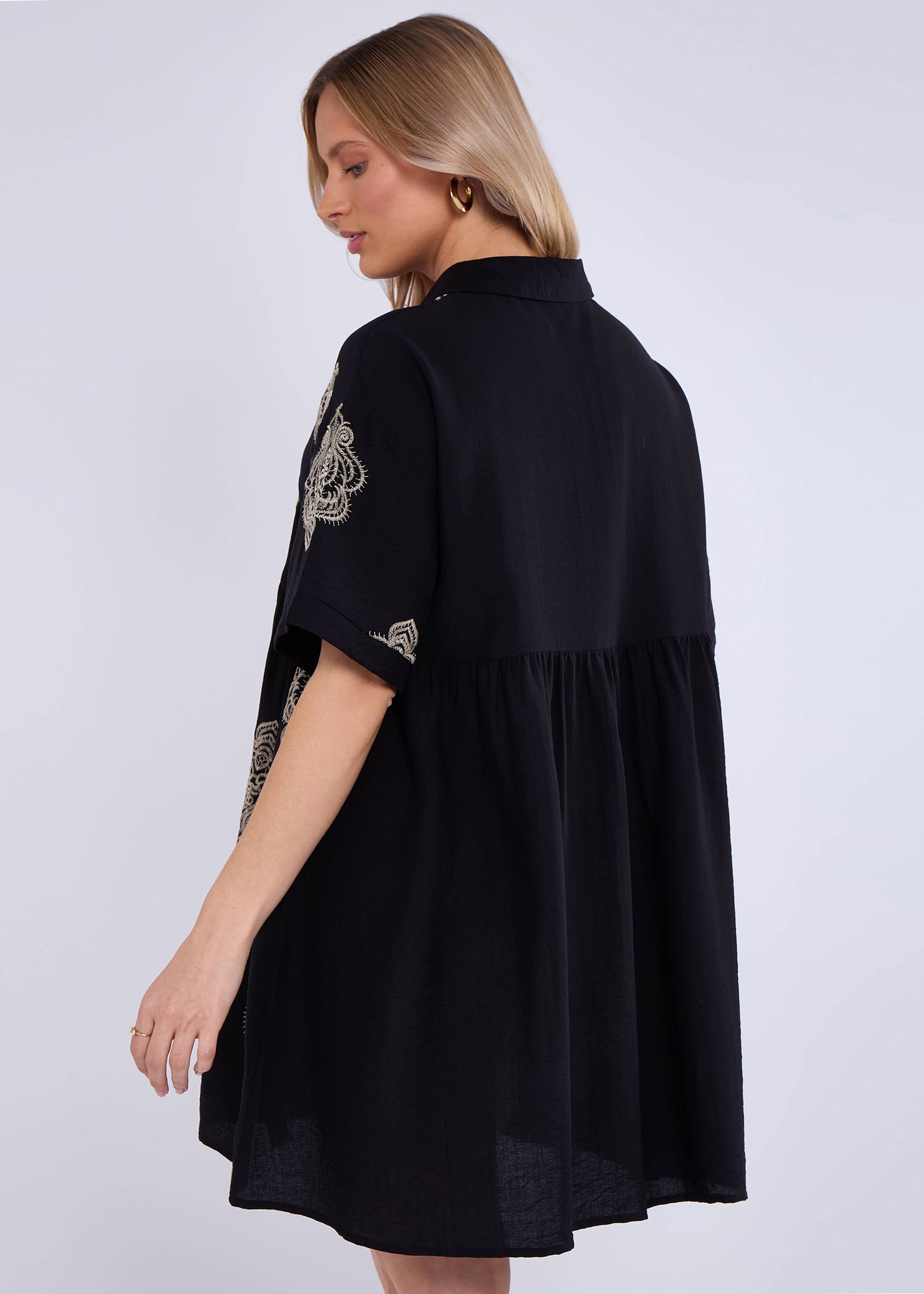 Black Embroidery Smock Oversized Mini Shirt Dress