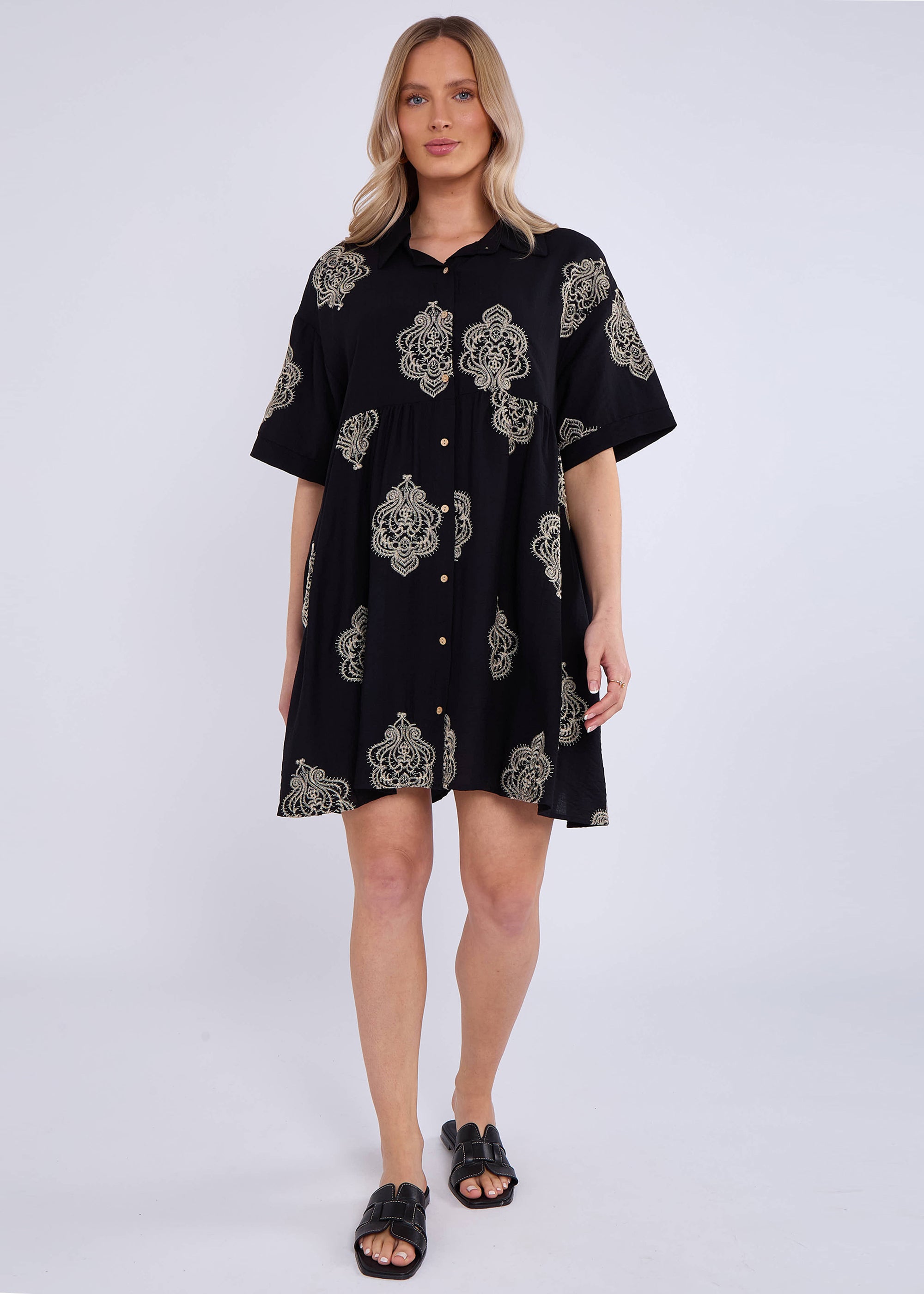 Black Embroidery Smock Oversized Mini Shirt Dress