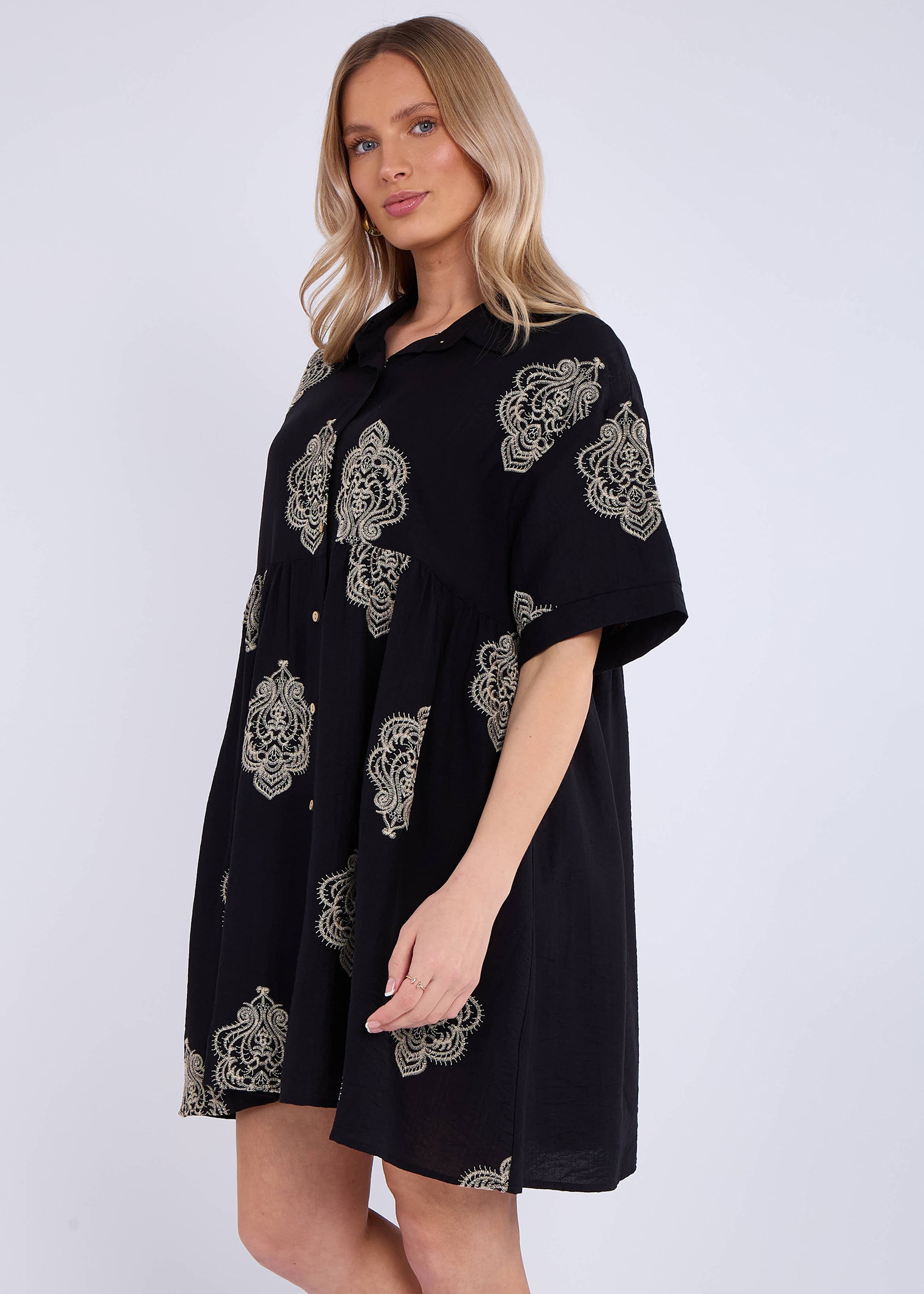 Black Embroidery Smock Oversized Mini Shirt Dress