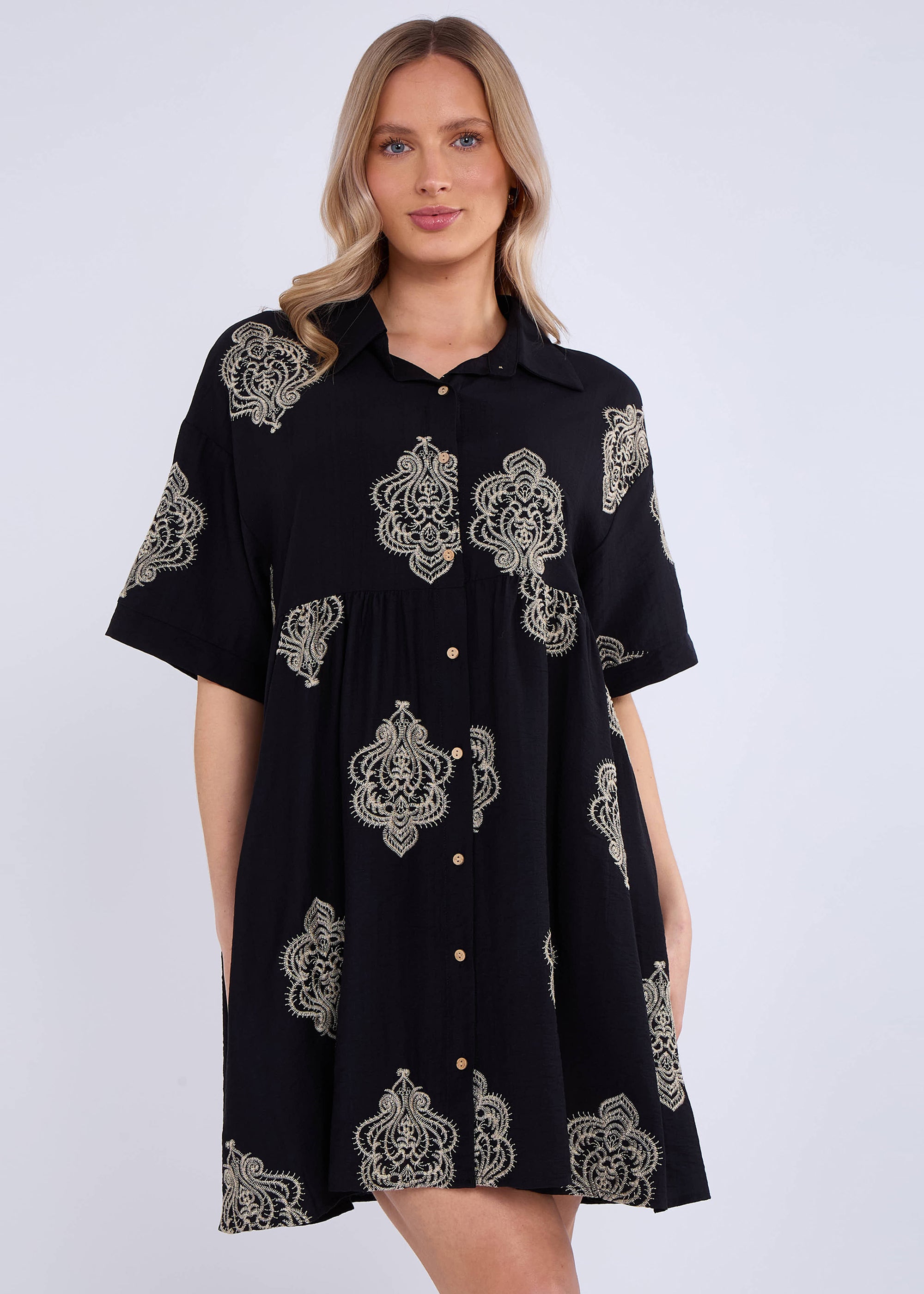 Black Embroidery Smock Oversized Mini Shirt Dress