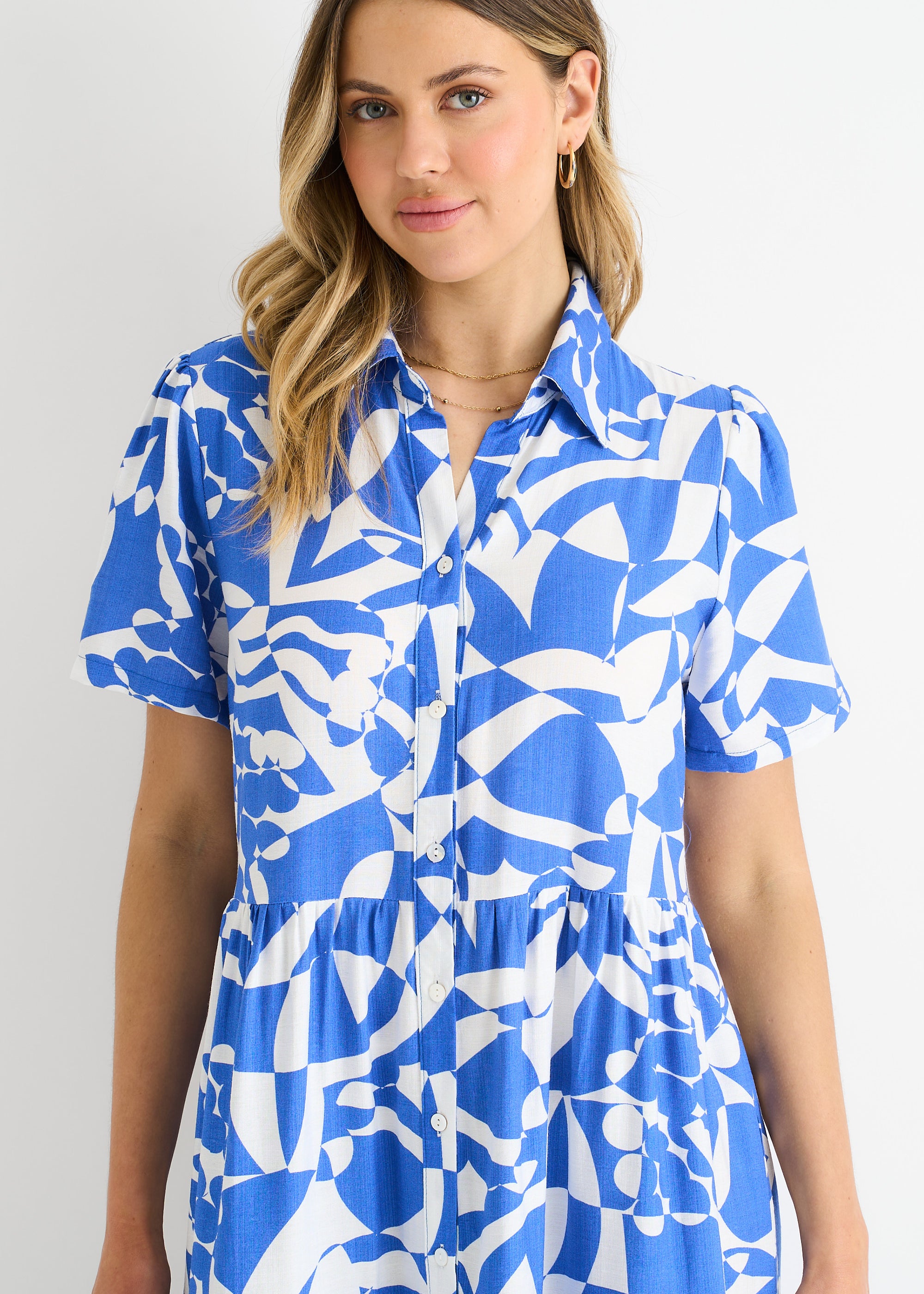 Blue Aztec Print Oversized Smock Midi Dress