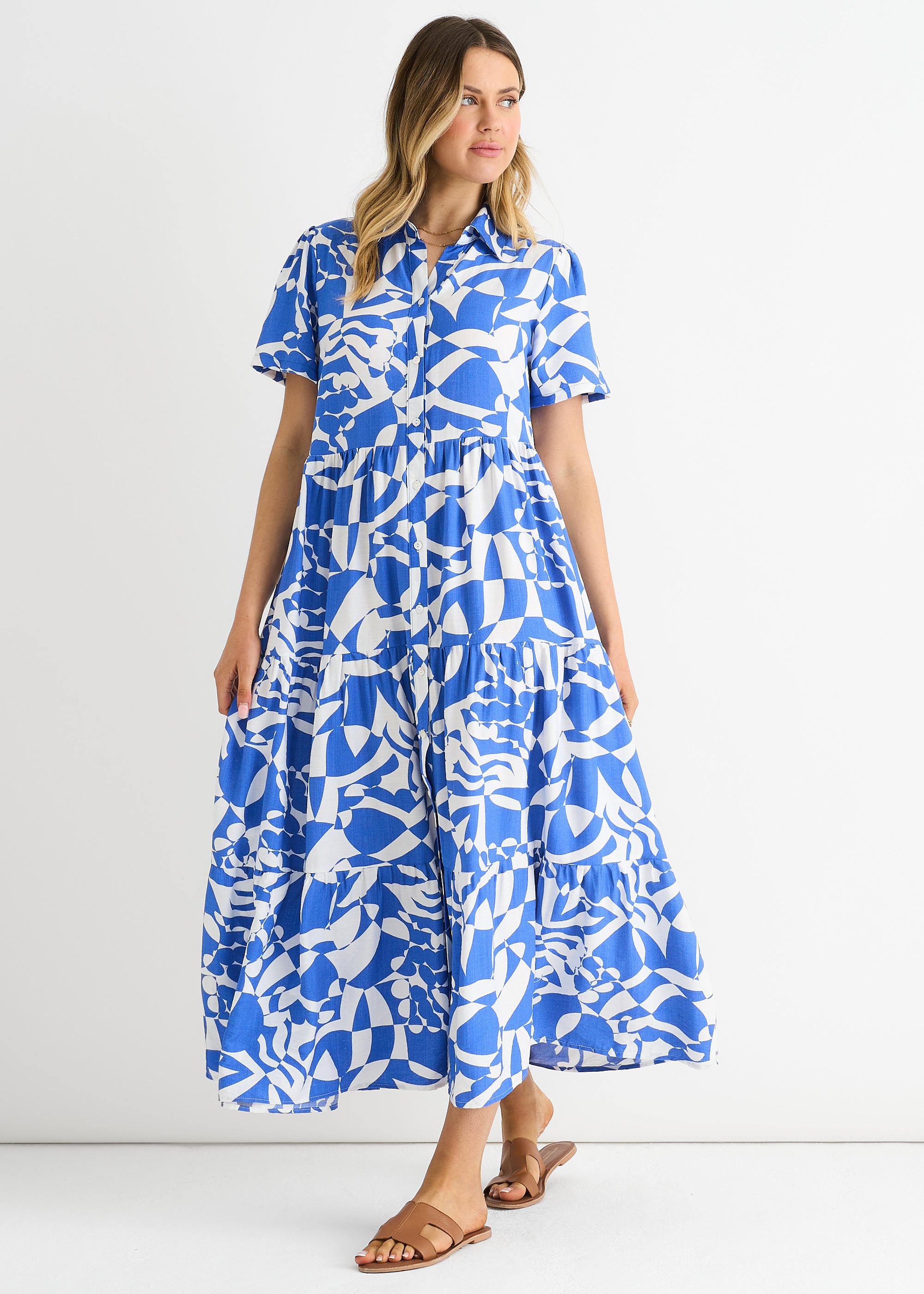Blue Aztec Print Oversized Smock Midi Dress
