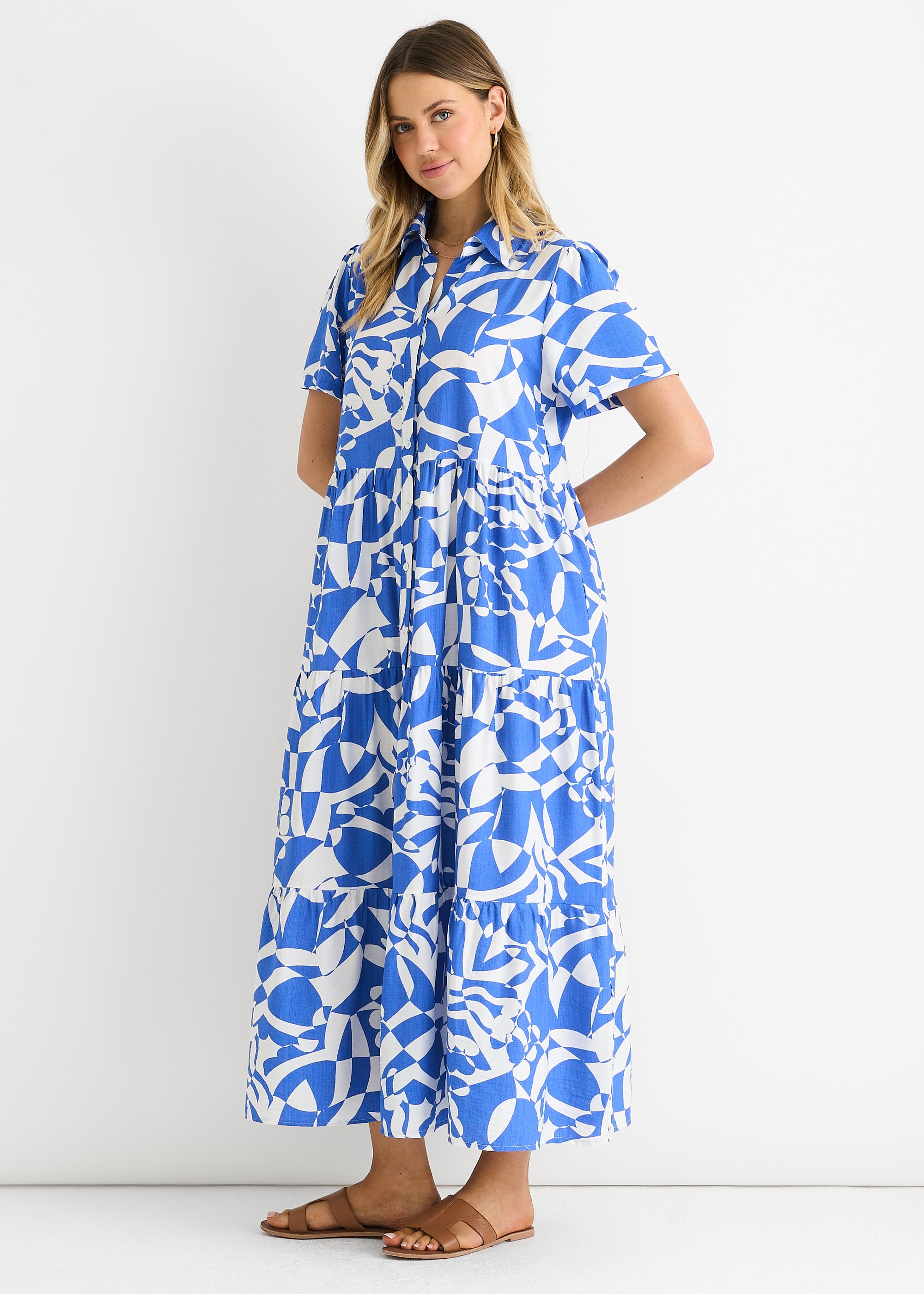 Blue Aztec Print Oversized Smock Midi Dress