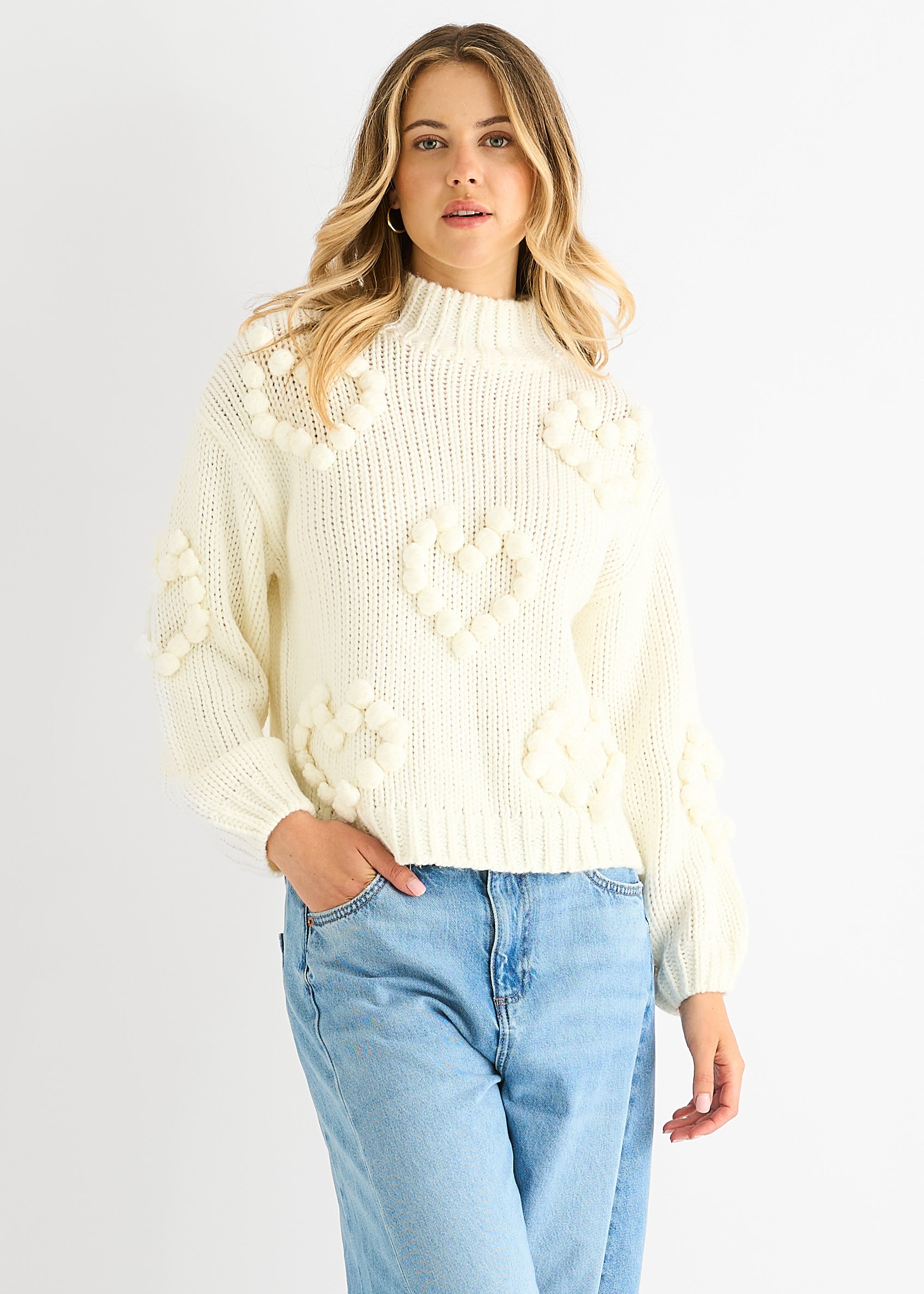 Cream Heart Bubble Chunky Knit High Neck Jumper