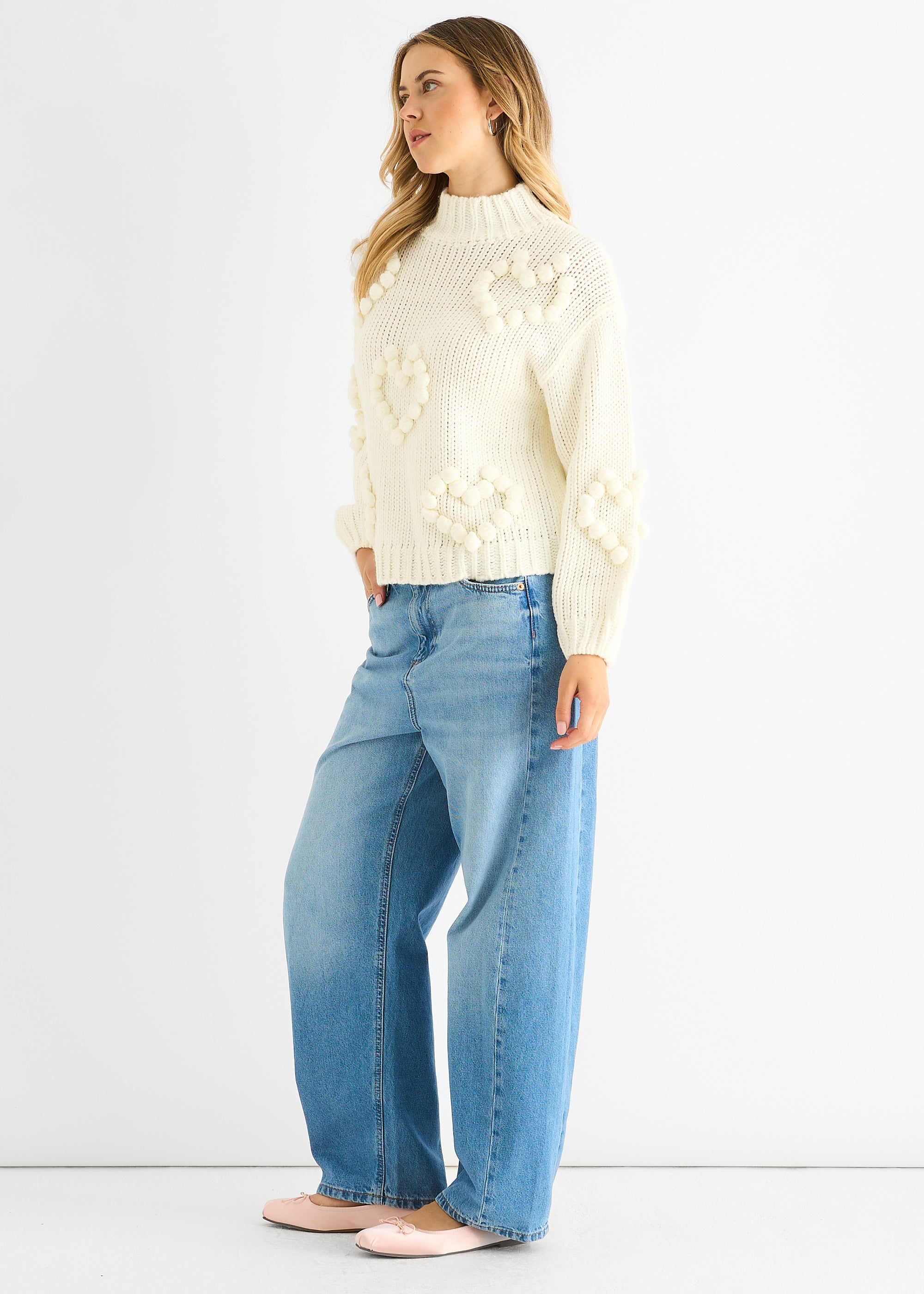 Cream Heart Bubble Chunky Knit High Neck Jumper