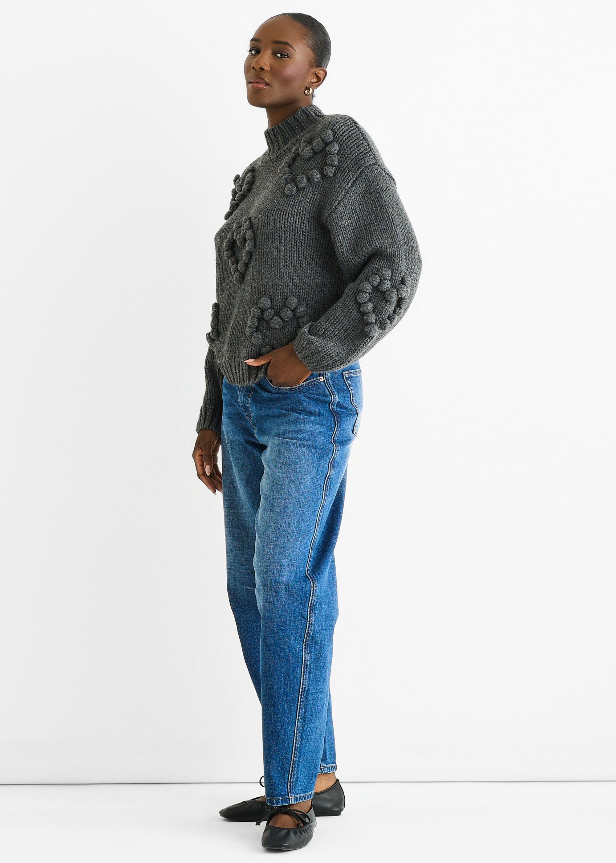 Dark Grey Heart Bubble Chunky Knit High Neck Jumper