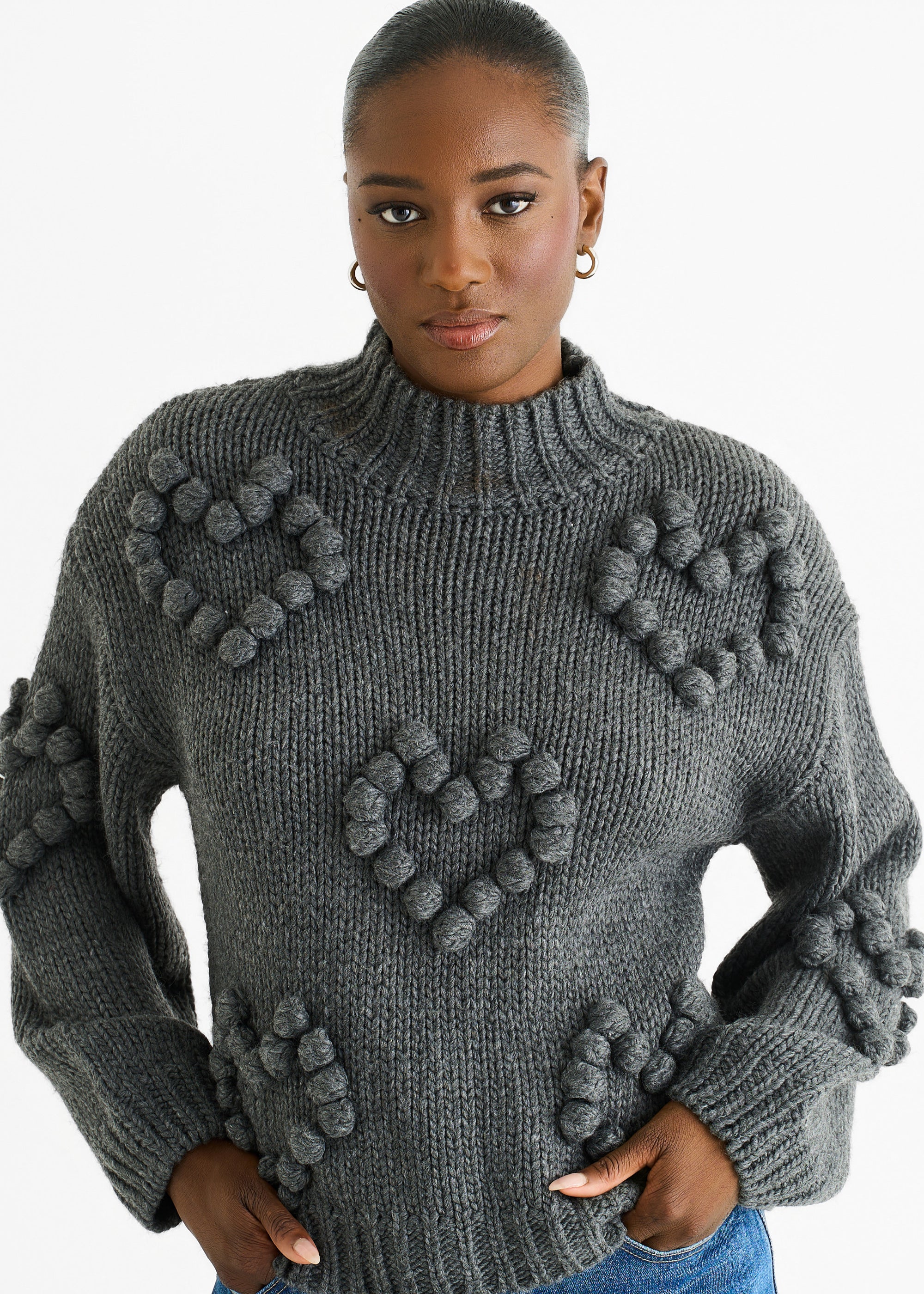 Dark Grey Heart Bubble Chunky Knit High Neck Jumper