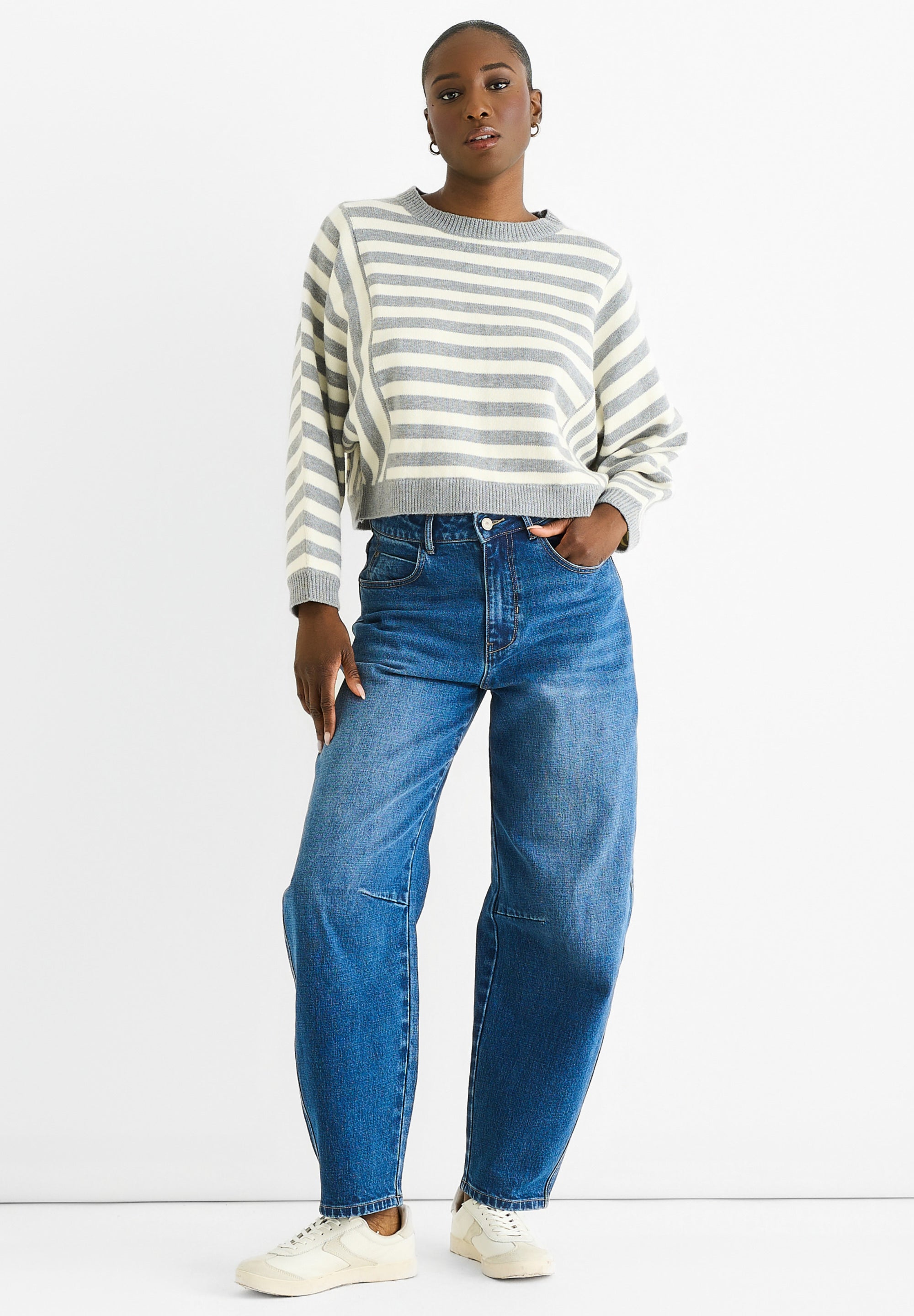 Grey Recycle Contrast Stripe Loose Fit Knit Jumper