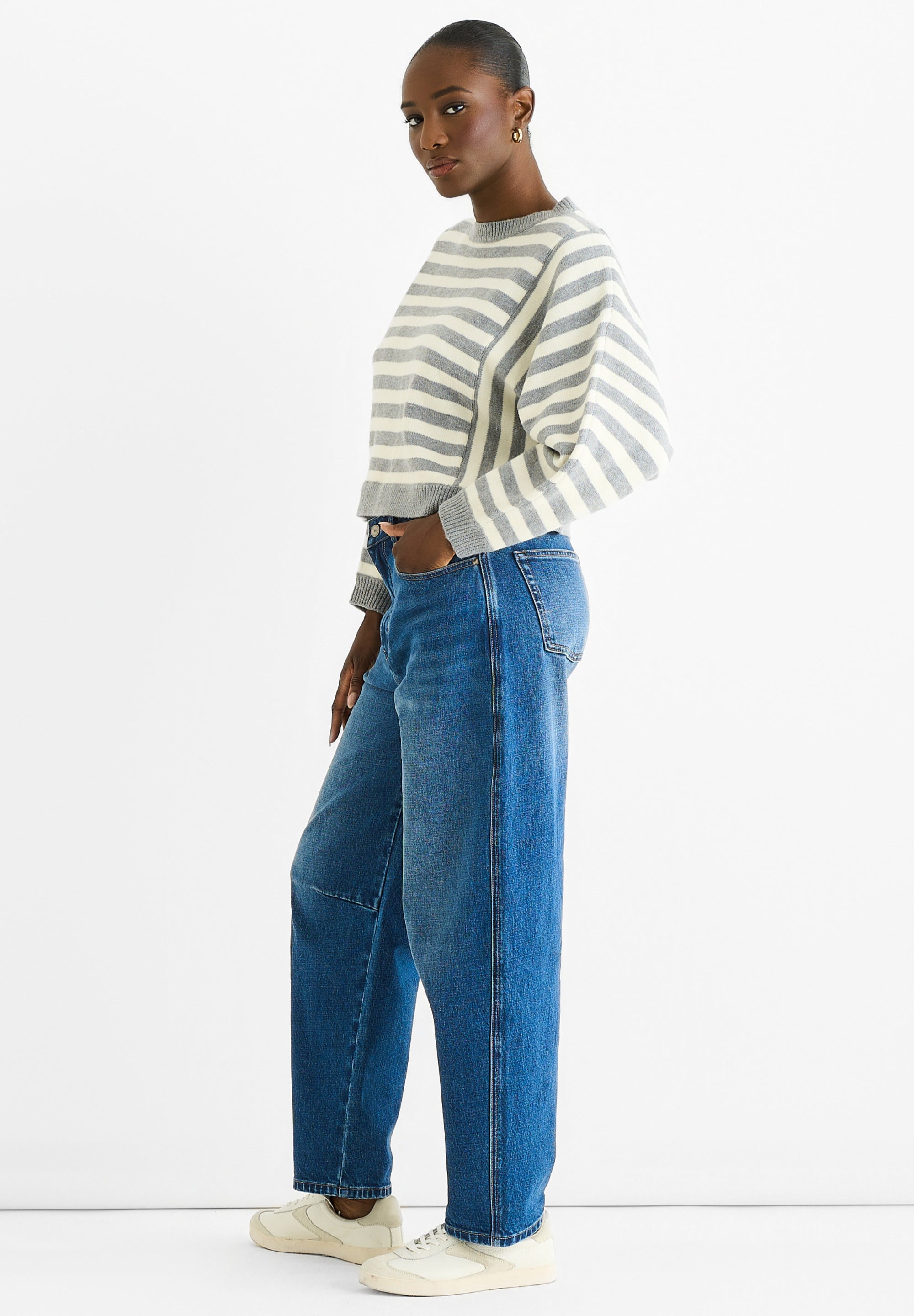 Grey Recycle Contrast Stripe Loose Fit Knit Jumper