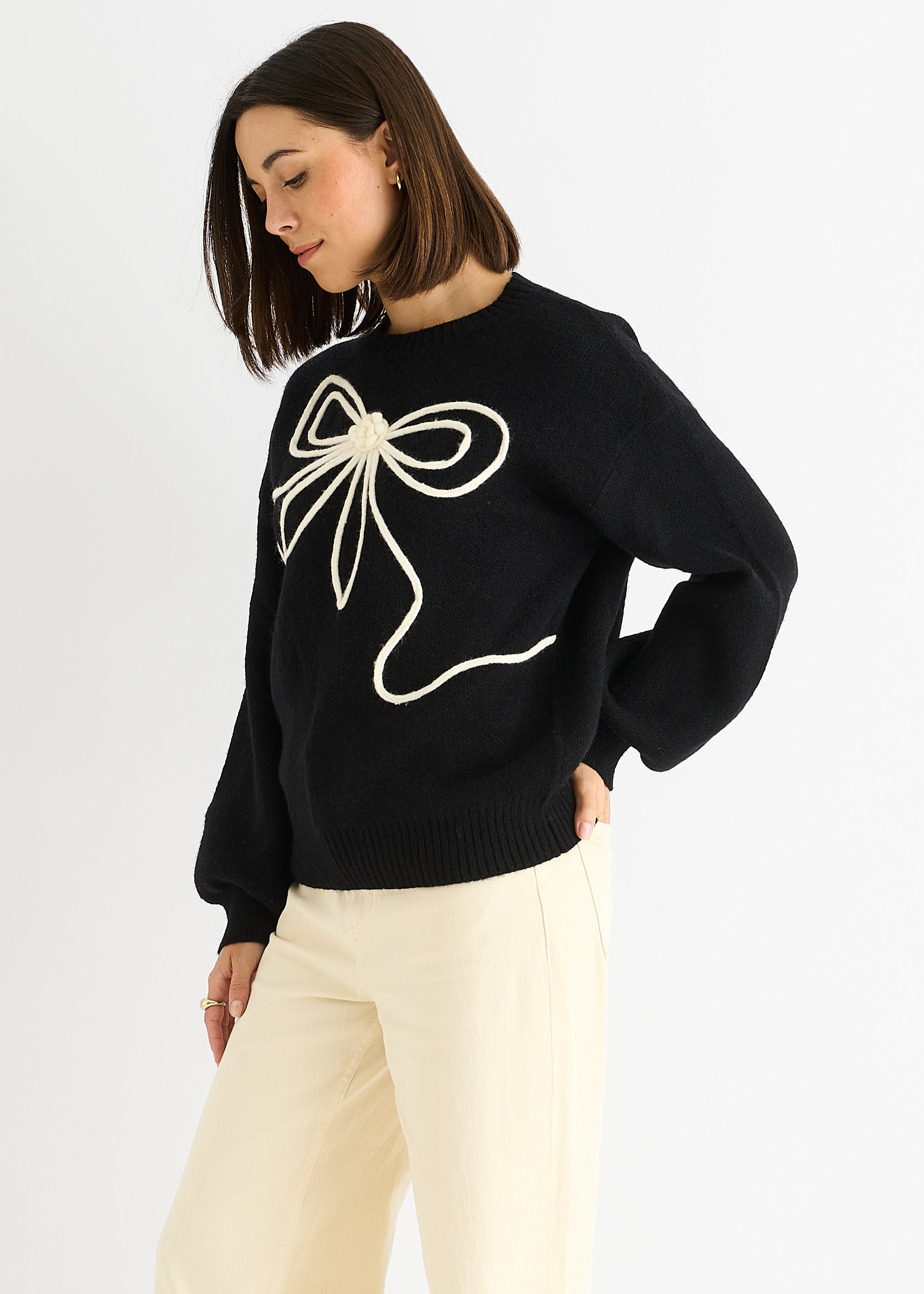 Black Contrast Bow pattern oversized Jumper