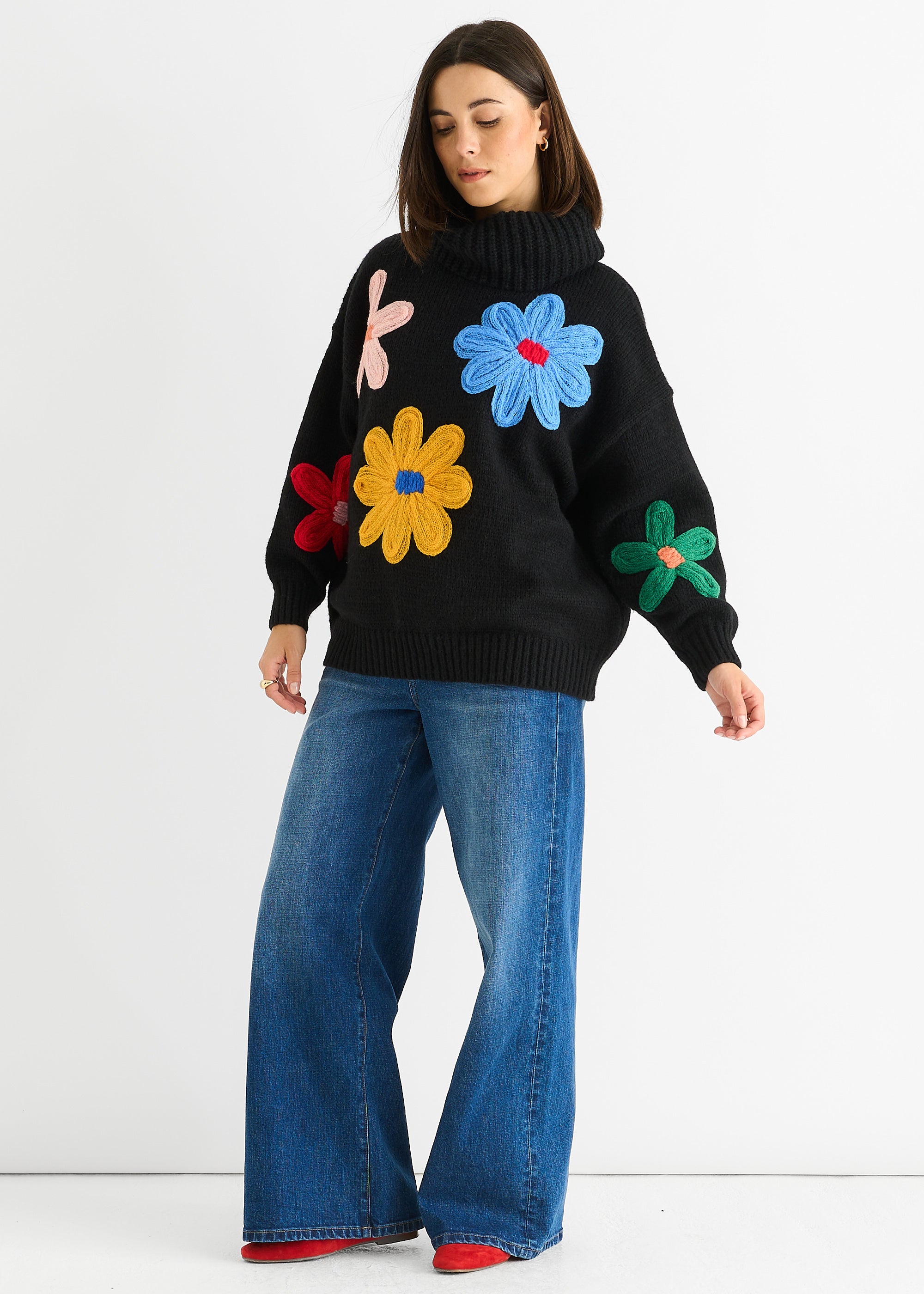 Black Floral Applique Oversized Jumper