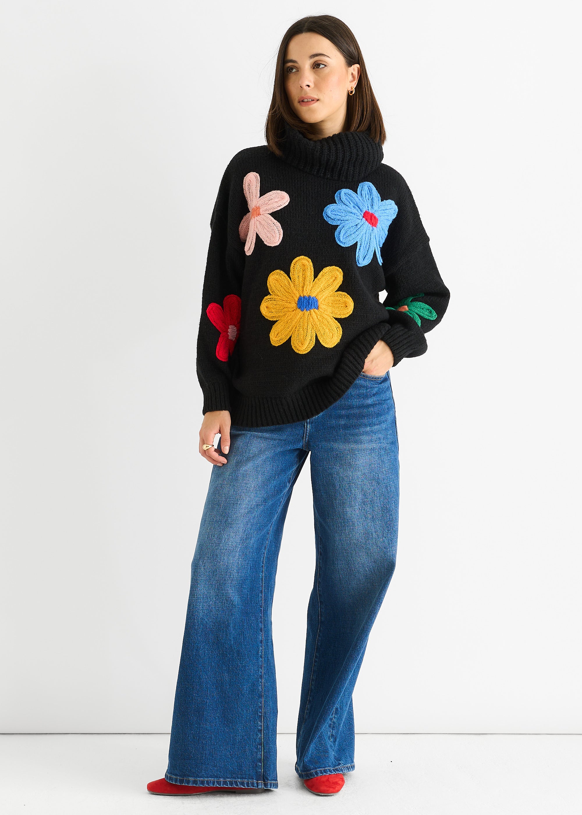 Black Floral Applique Oversized Jumper