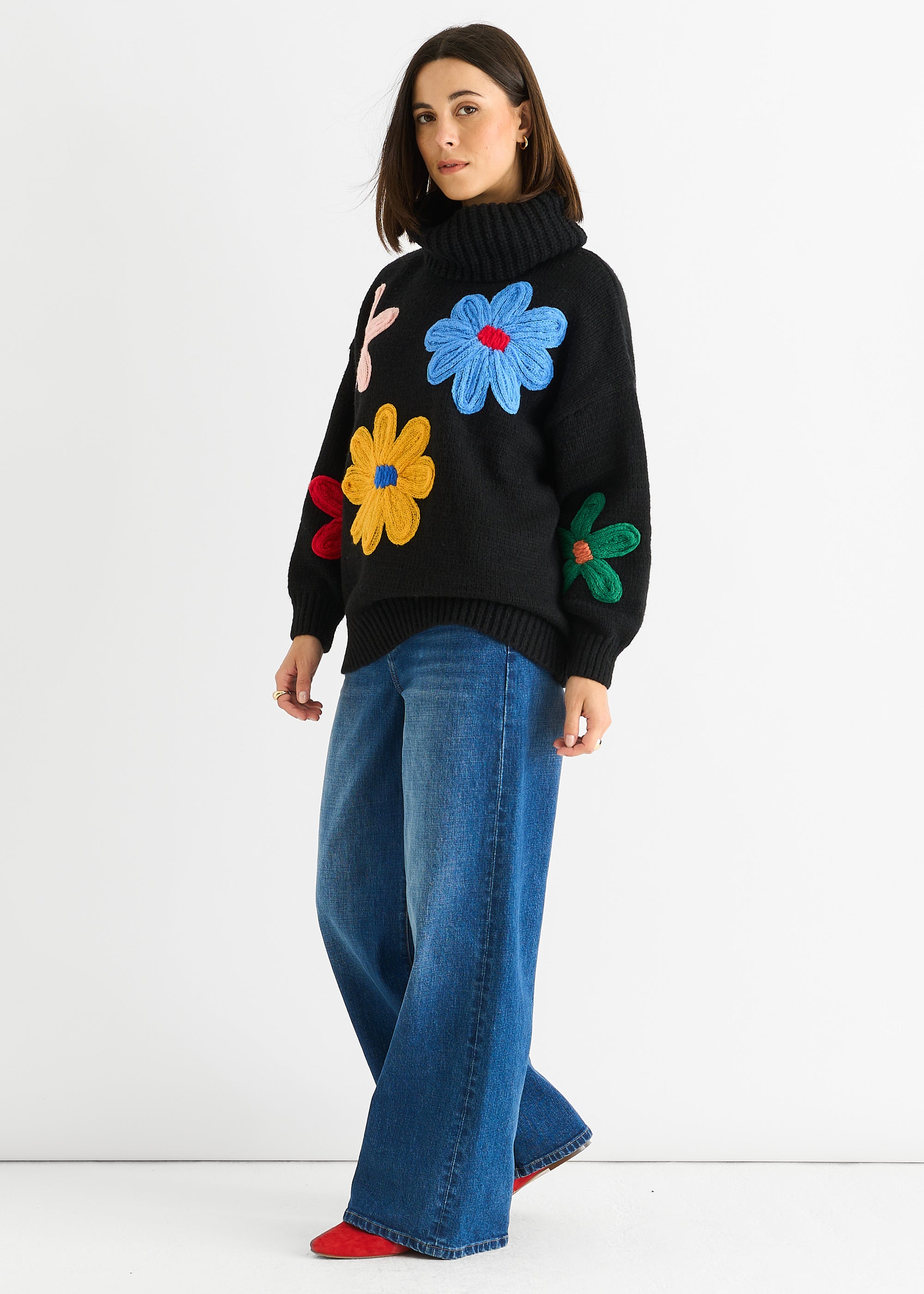 Black Floral Applique Oversized Jumper