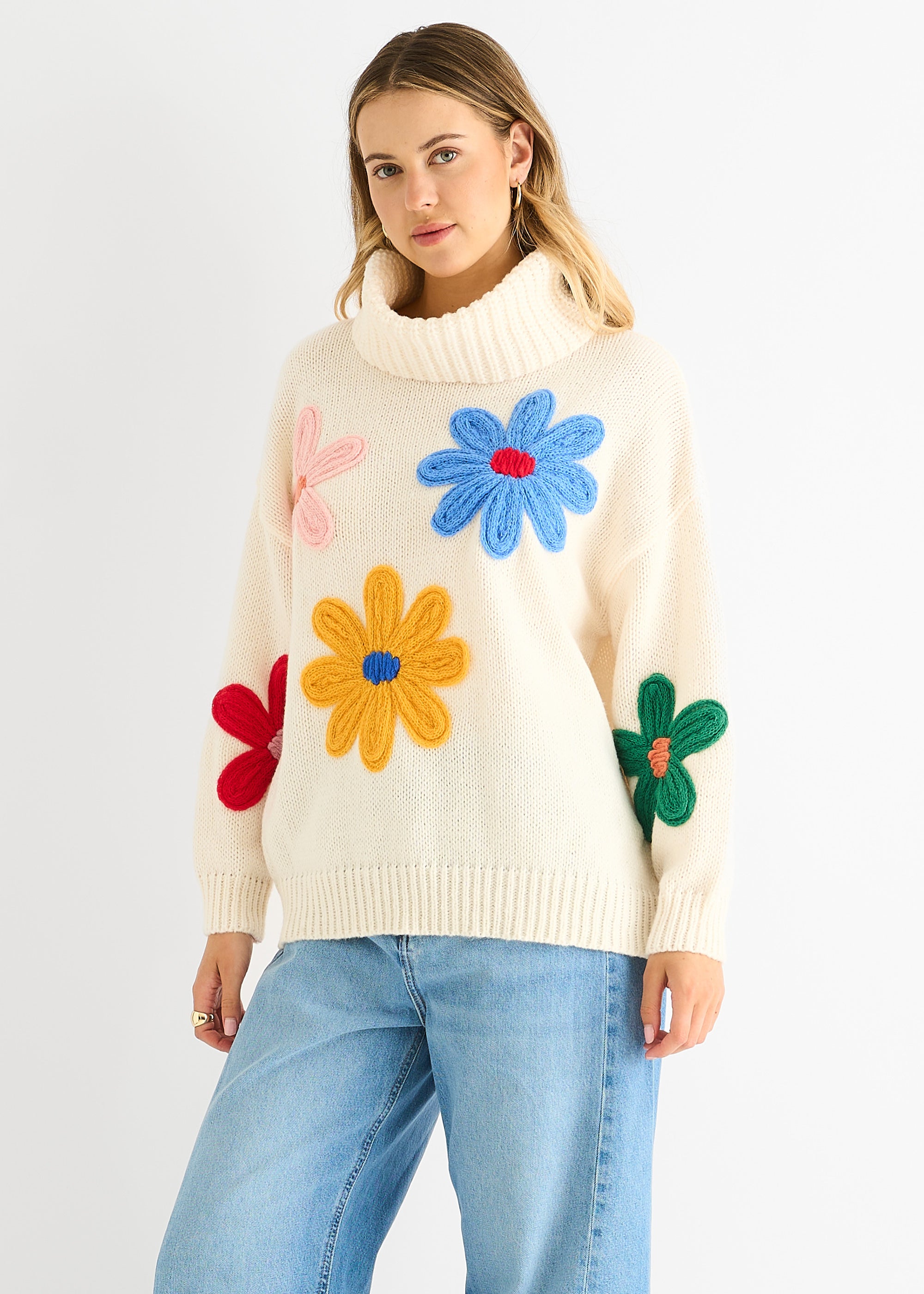 Cream Floral Applique Oversized Jumper