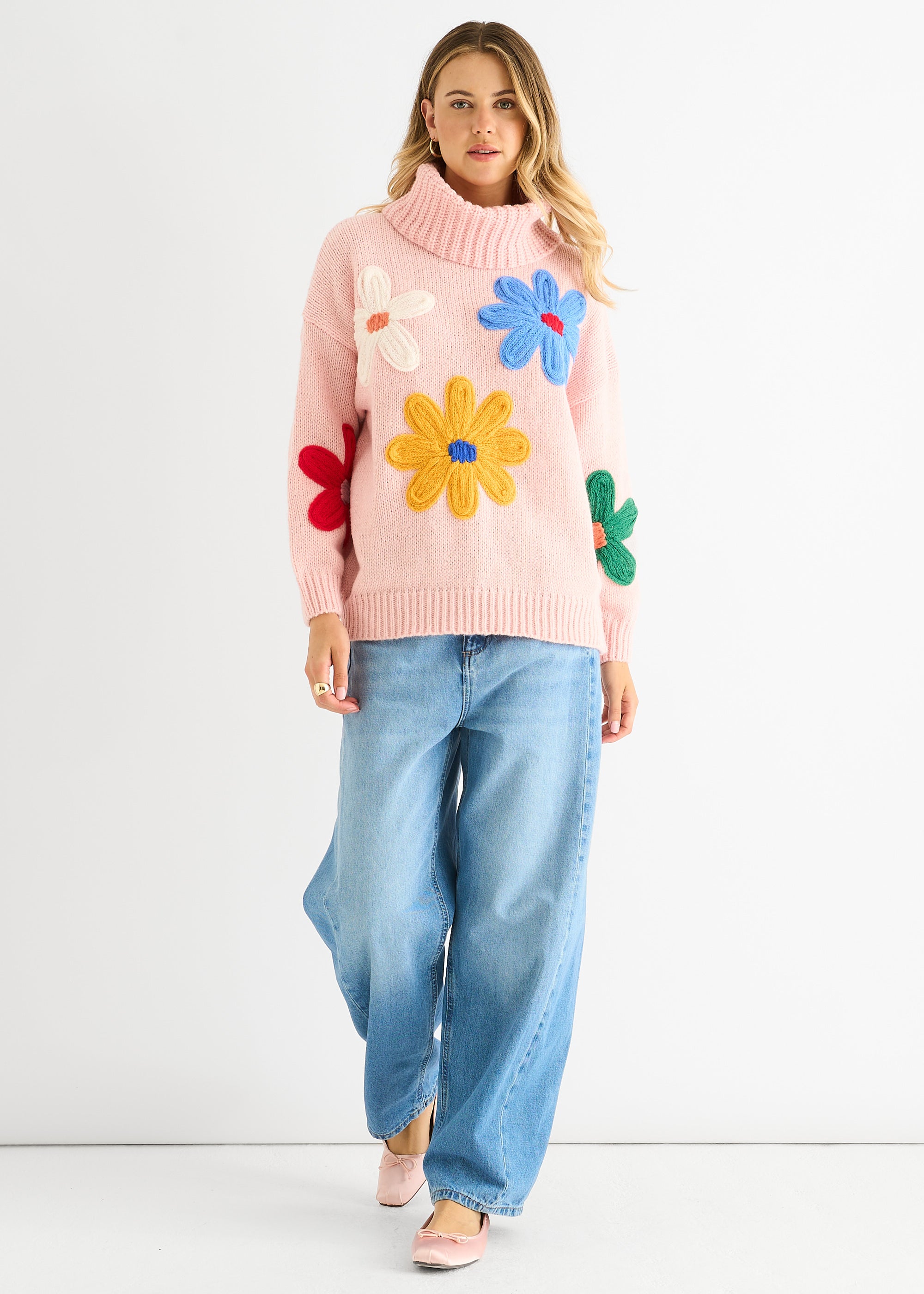 Pink Floral Applique Oversized Jumper