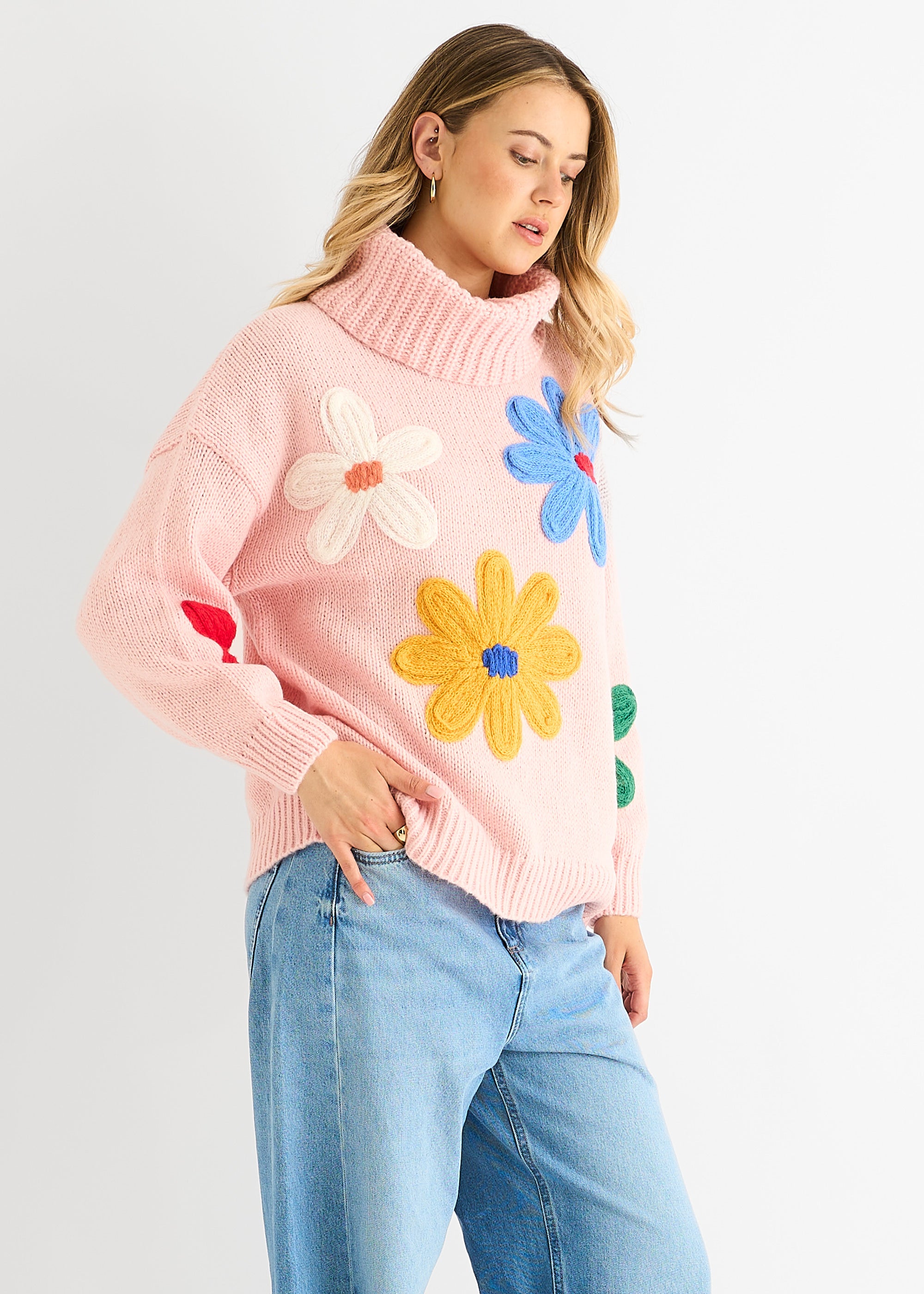 Pink Floral Applique Oversized Jumper