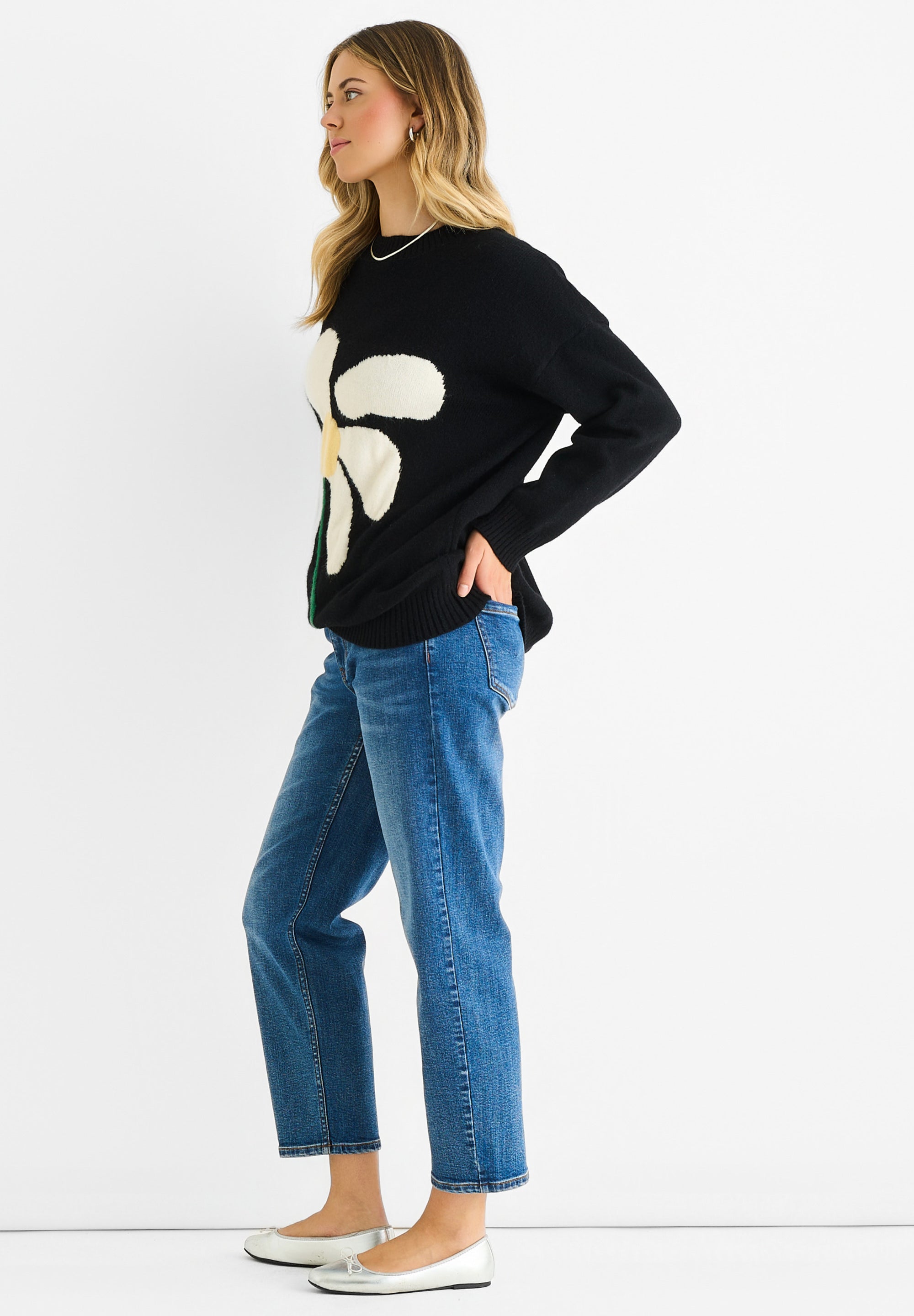 Black Paint Flower Knit Oversized Long Jumper
