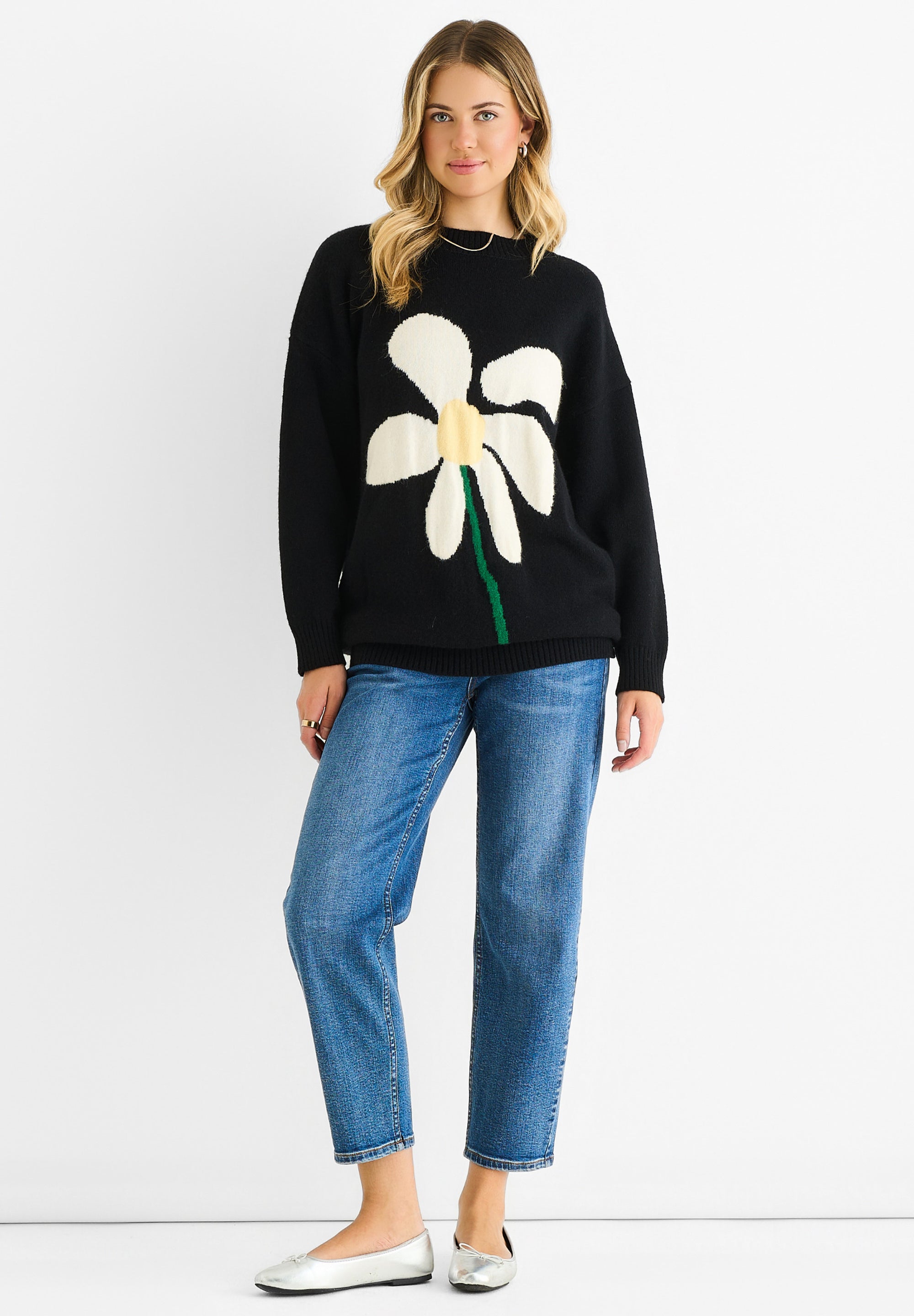 Black Paint Flower Knit Oversized Long Jumper
