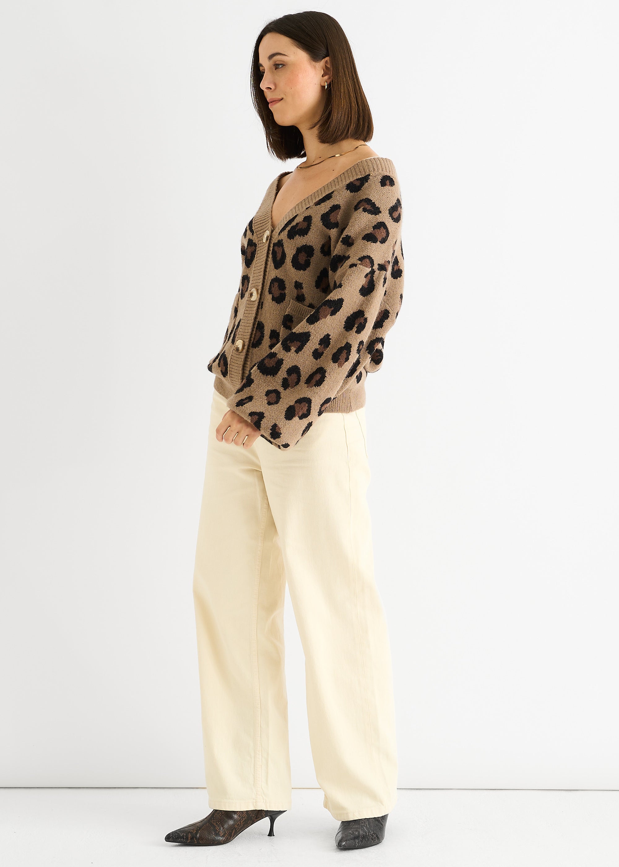 Camel Animal Print Knit Short Cardigan