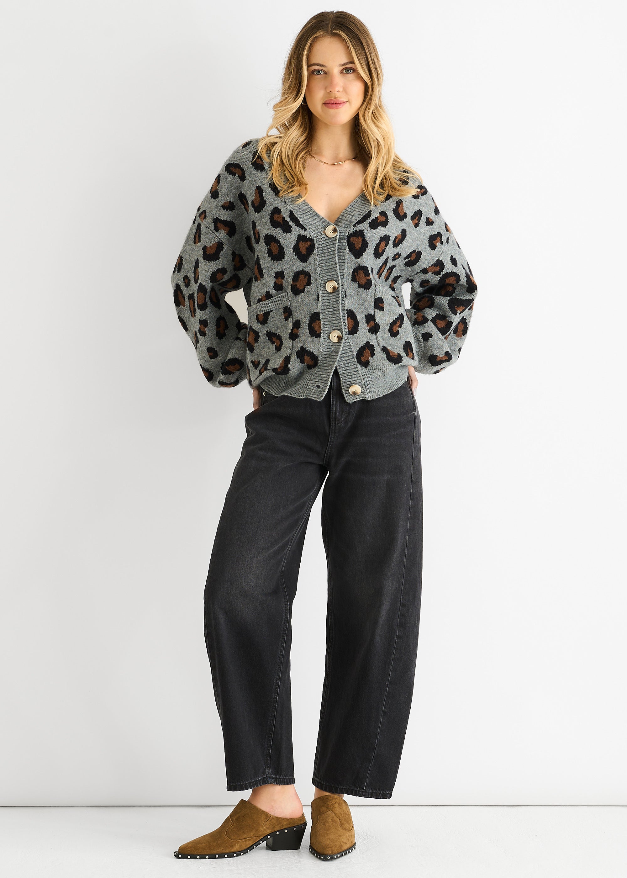 Grey Animal Print Knit Short Cardigan