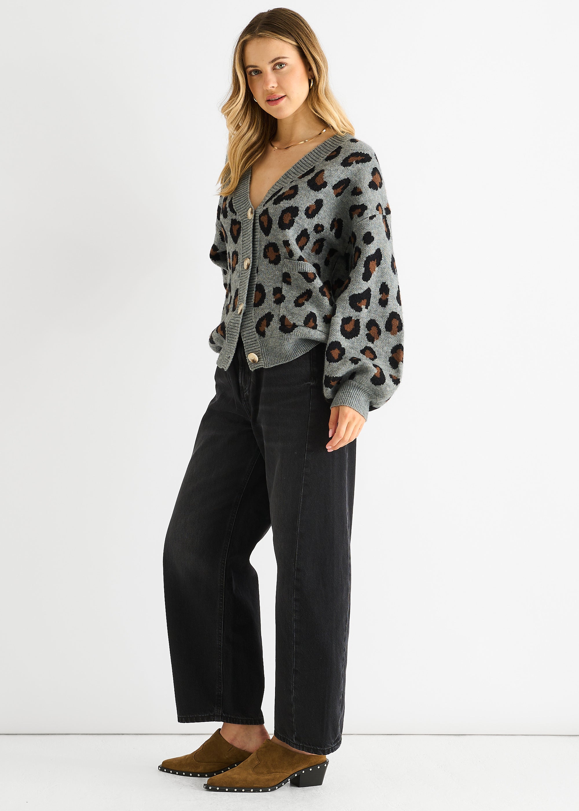Grey Animal Print Knit Short Cardigan