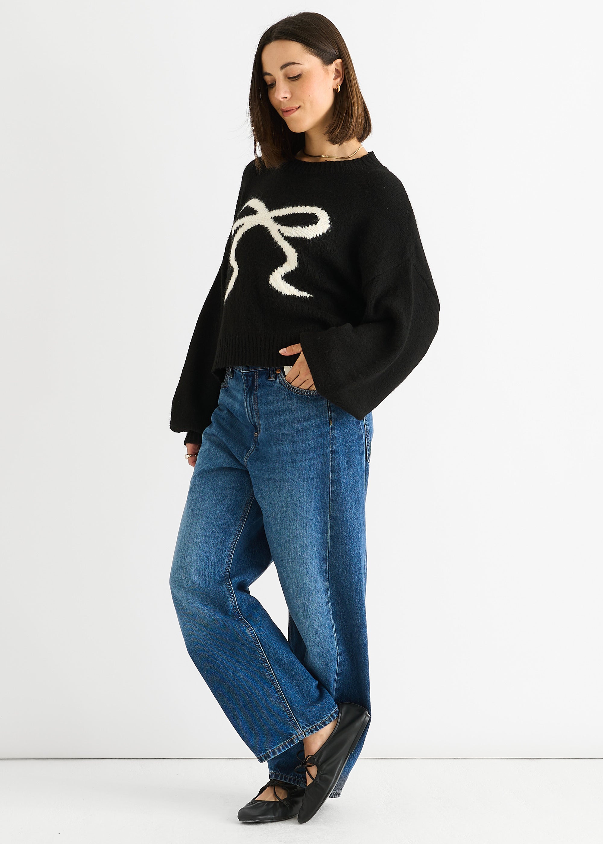 Black Embossed Contrast Bow Short Knit Jumper