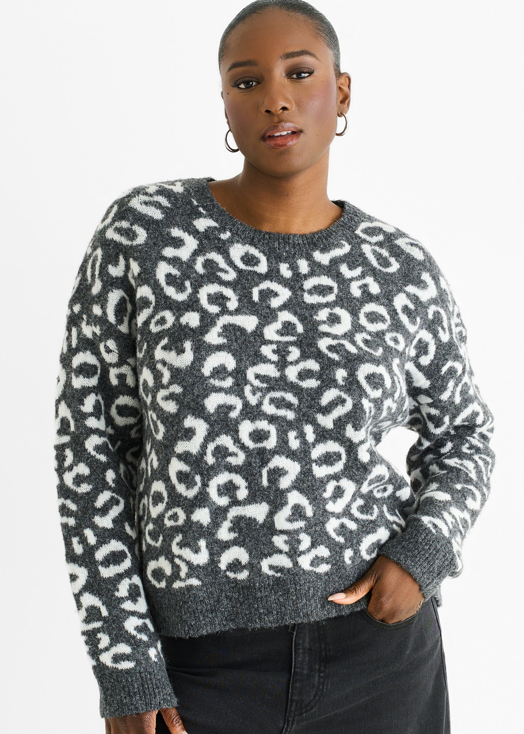 Grey Animal Pattern loose Fit Knit Jumper