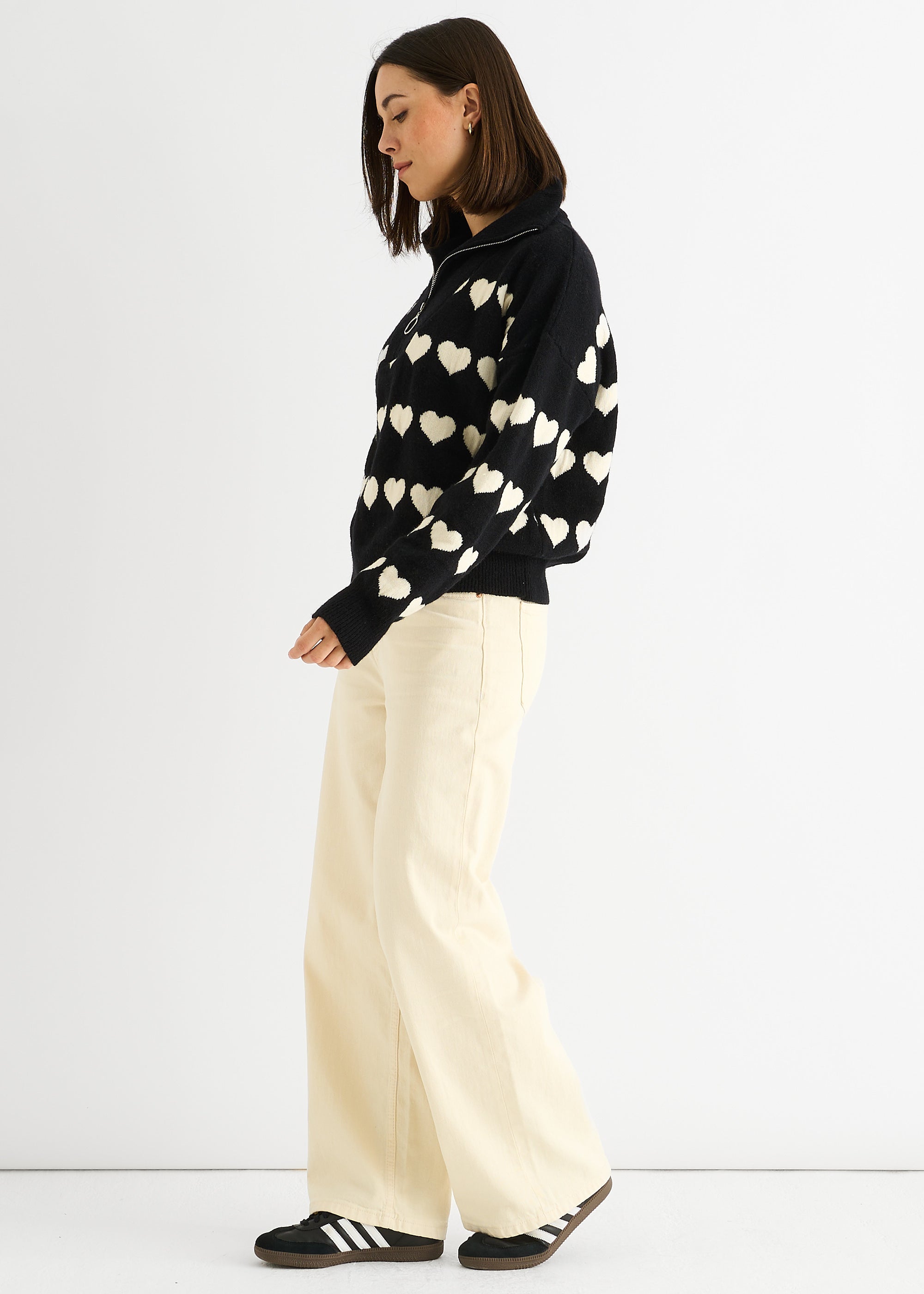 Black Heart Zip Up Loose Fit Knit Jumper