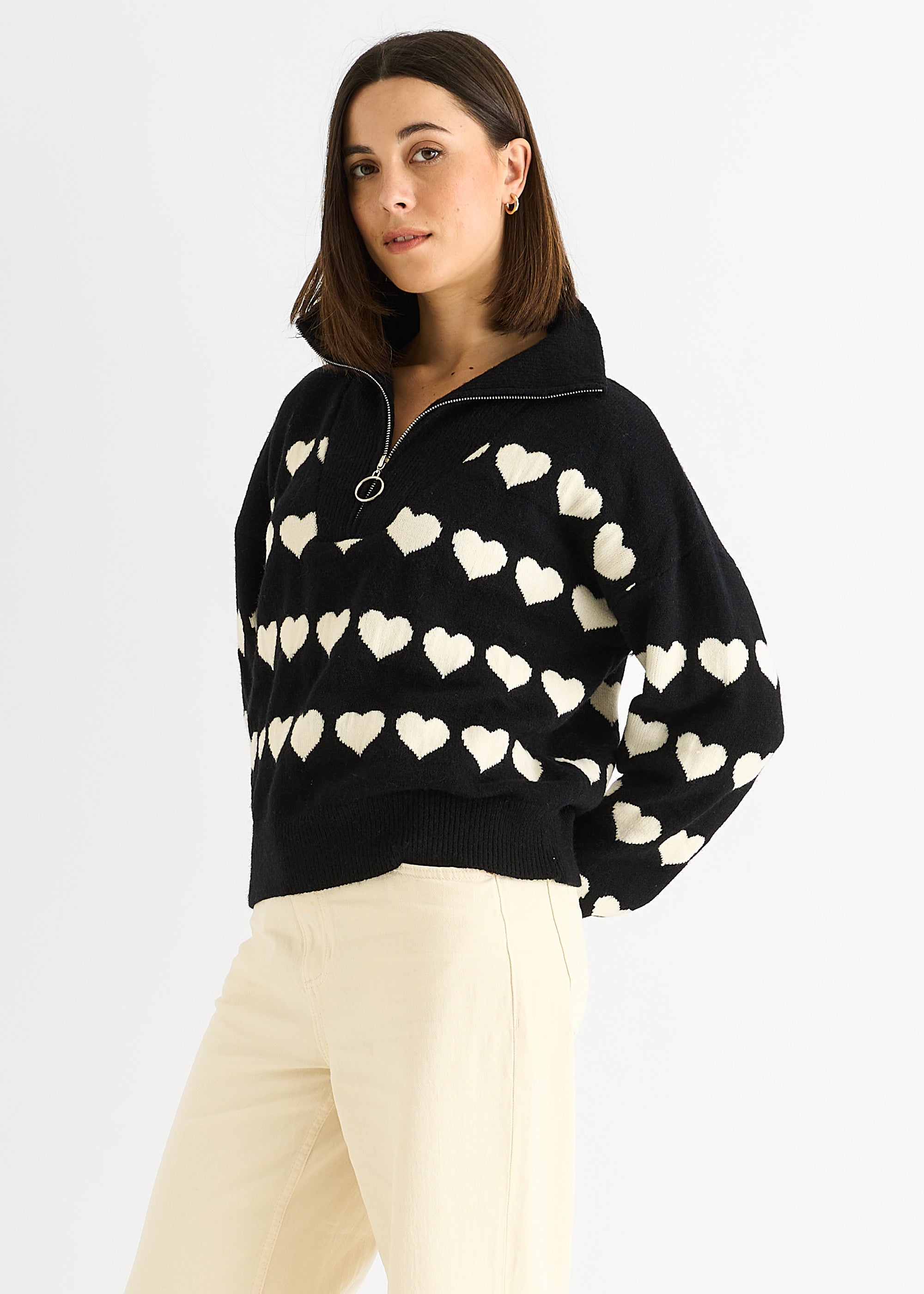 Black Heart Zip Up Loose Fit Knit Jumper