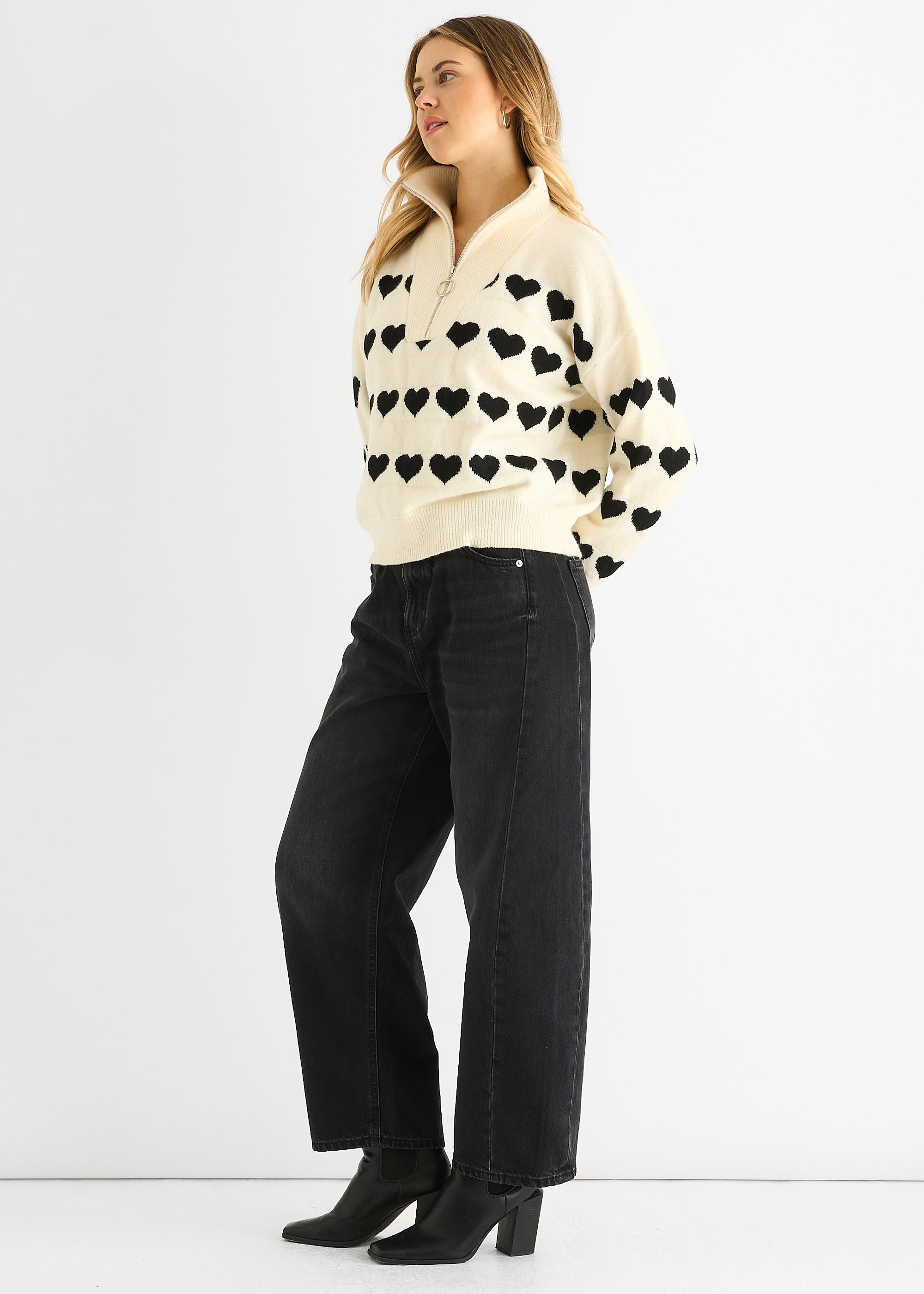 Cream Heart Zip Up Loose Fit Knit Jumper