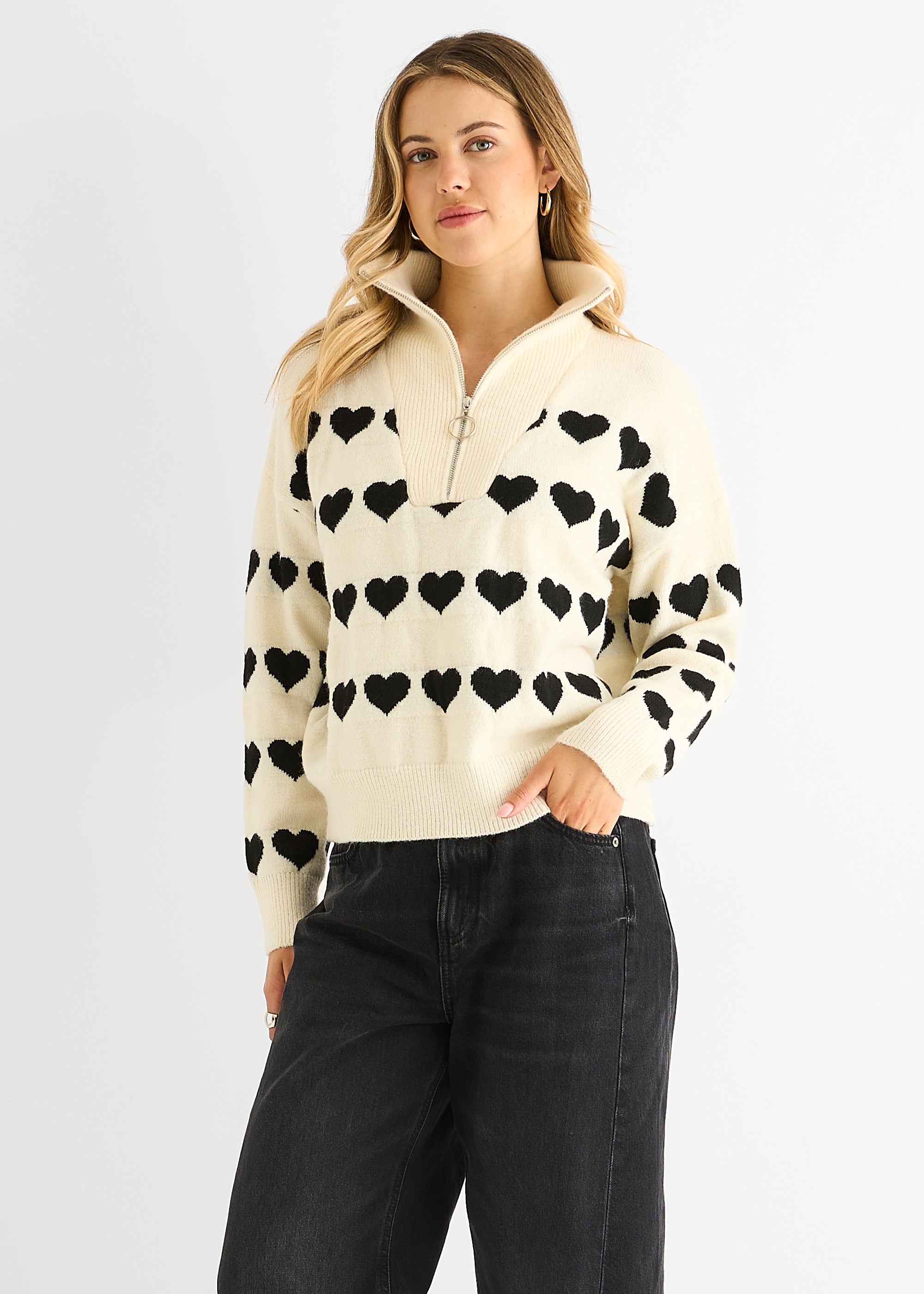 Cream Heart Zip Up Loose Fit Knit Jumper