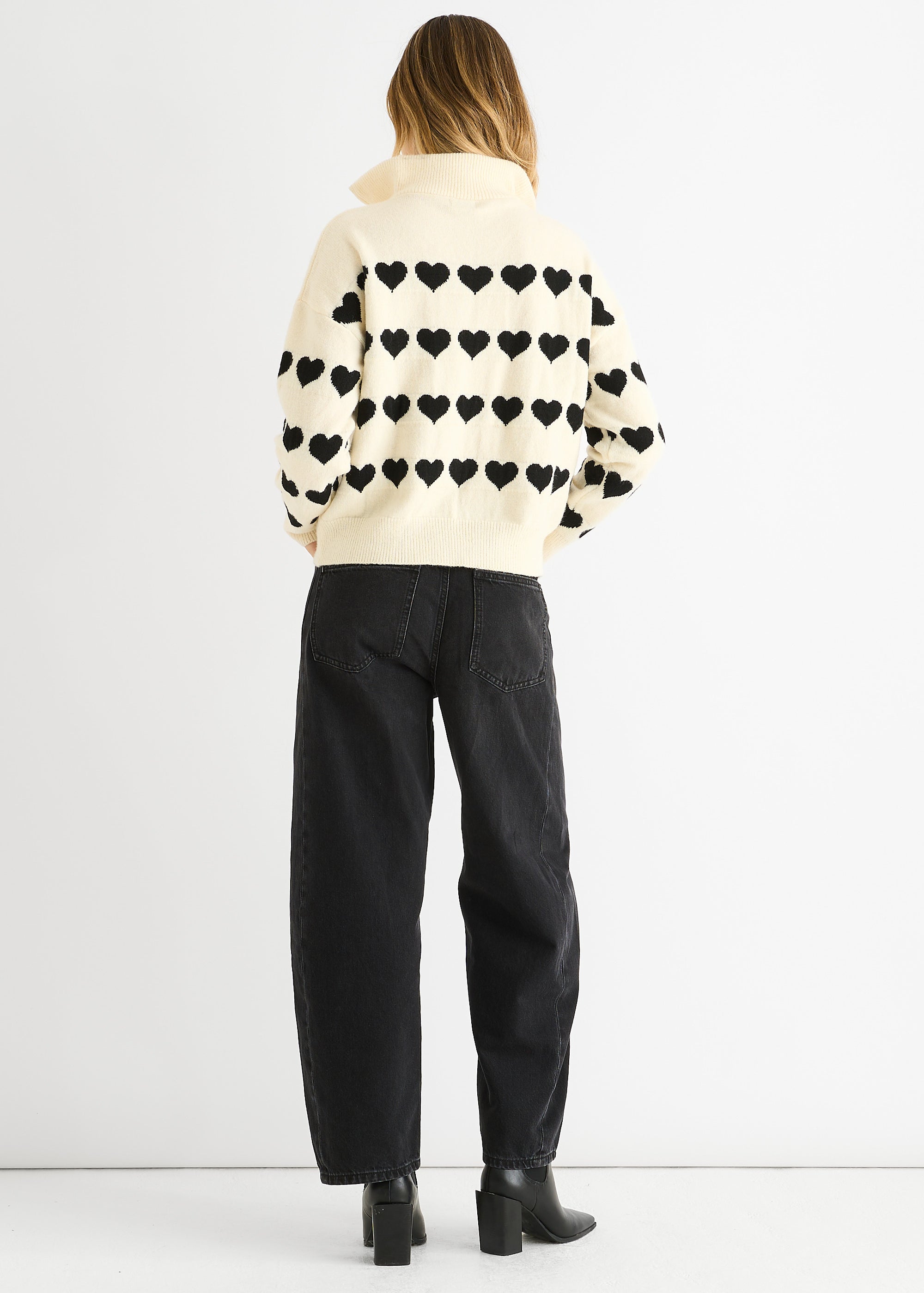Cream Heart Zip Up Loose Fit Knit Jumper