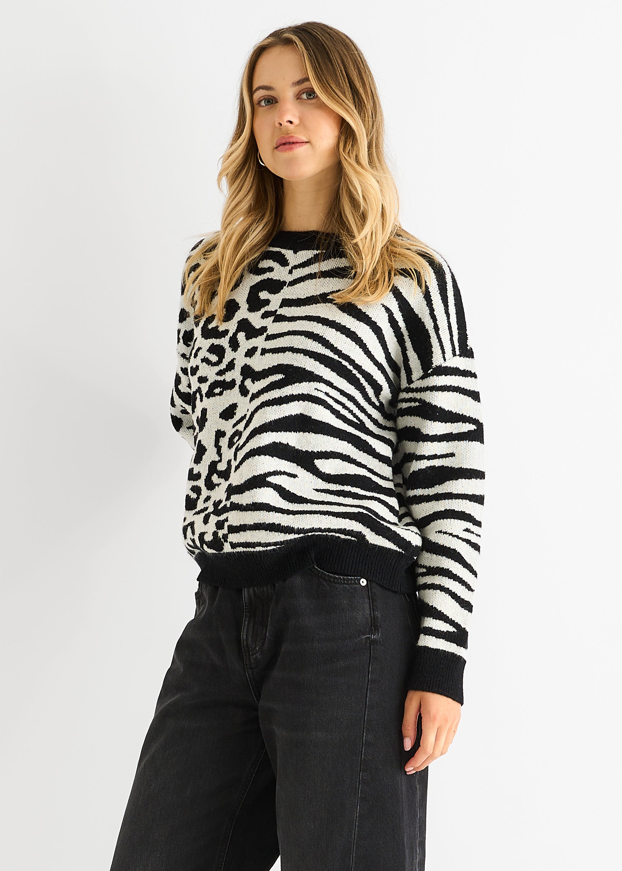 Black Contrast Zebra Animal Knit Jumper