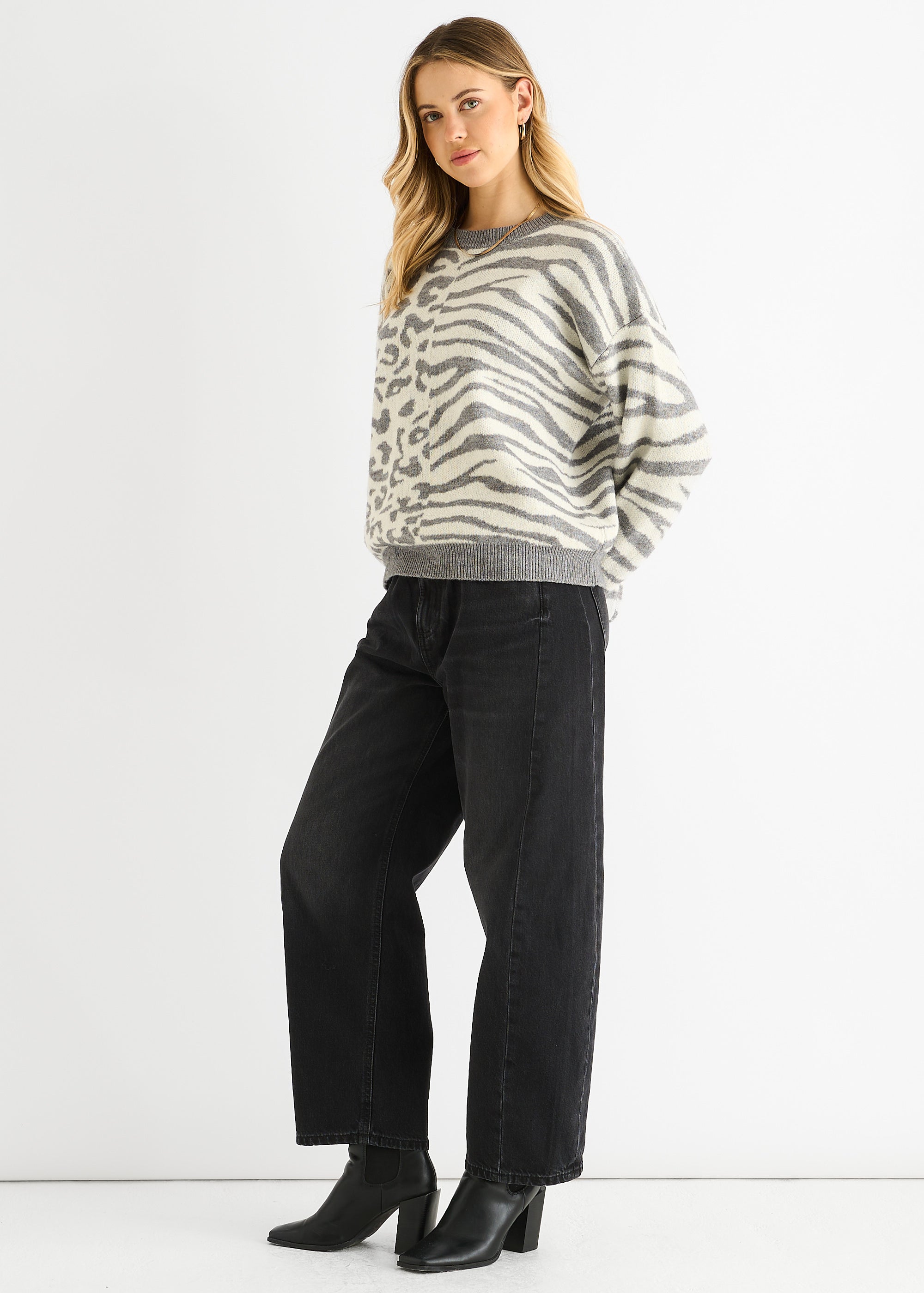 Grey Contrast Zebra Animal Knit Jumper