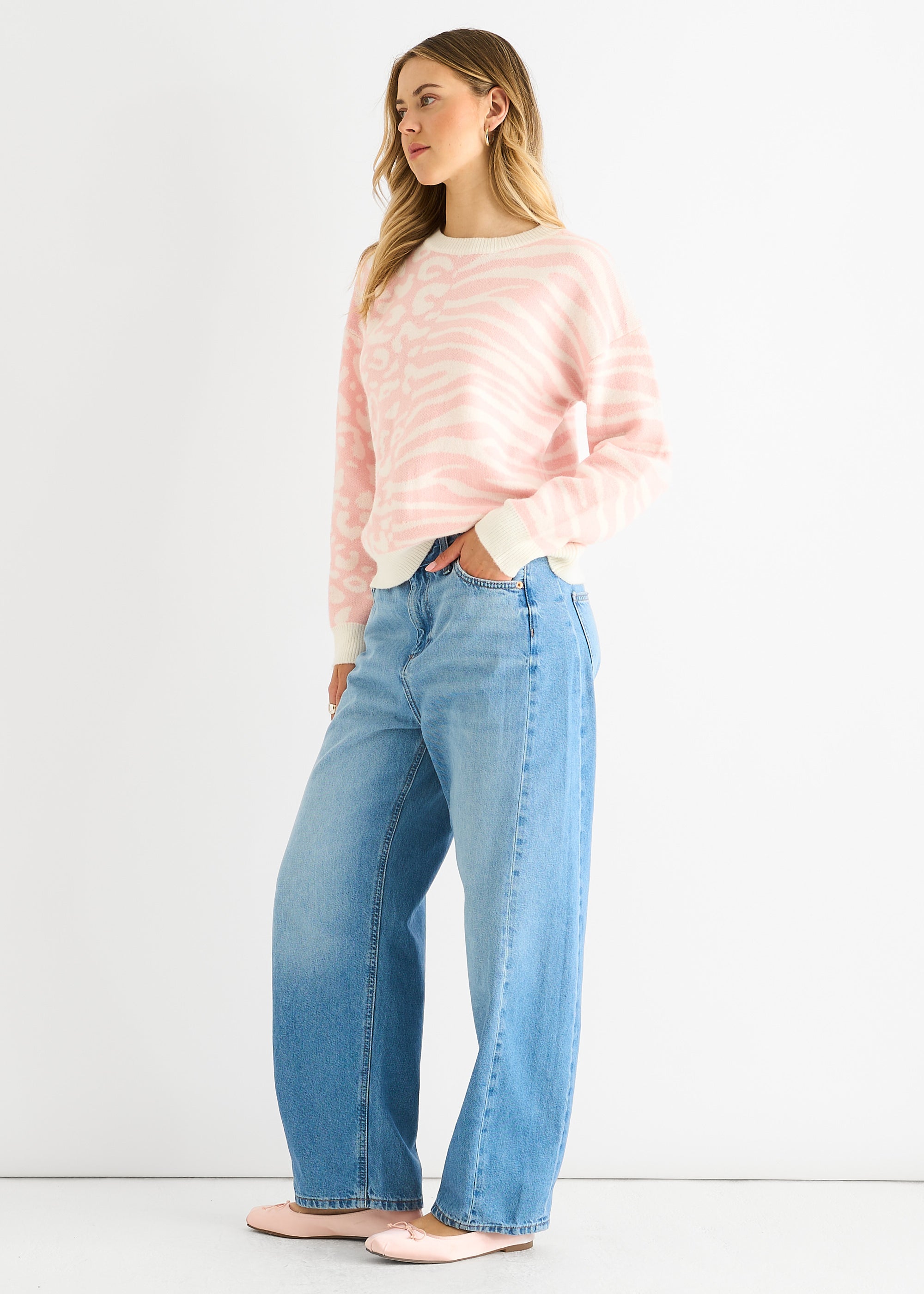 Pink Contrast Zebra Animal Knit Jumper