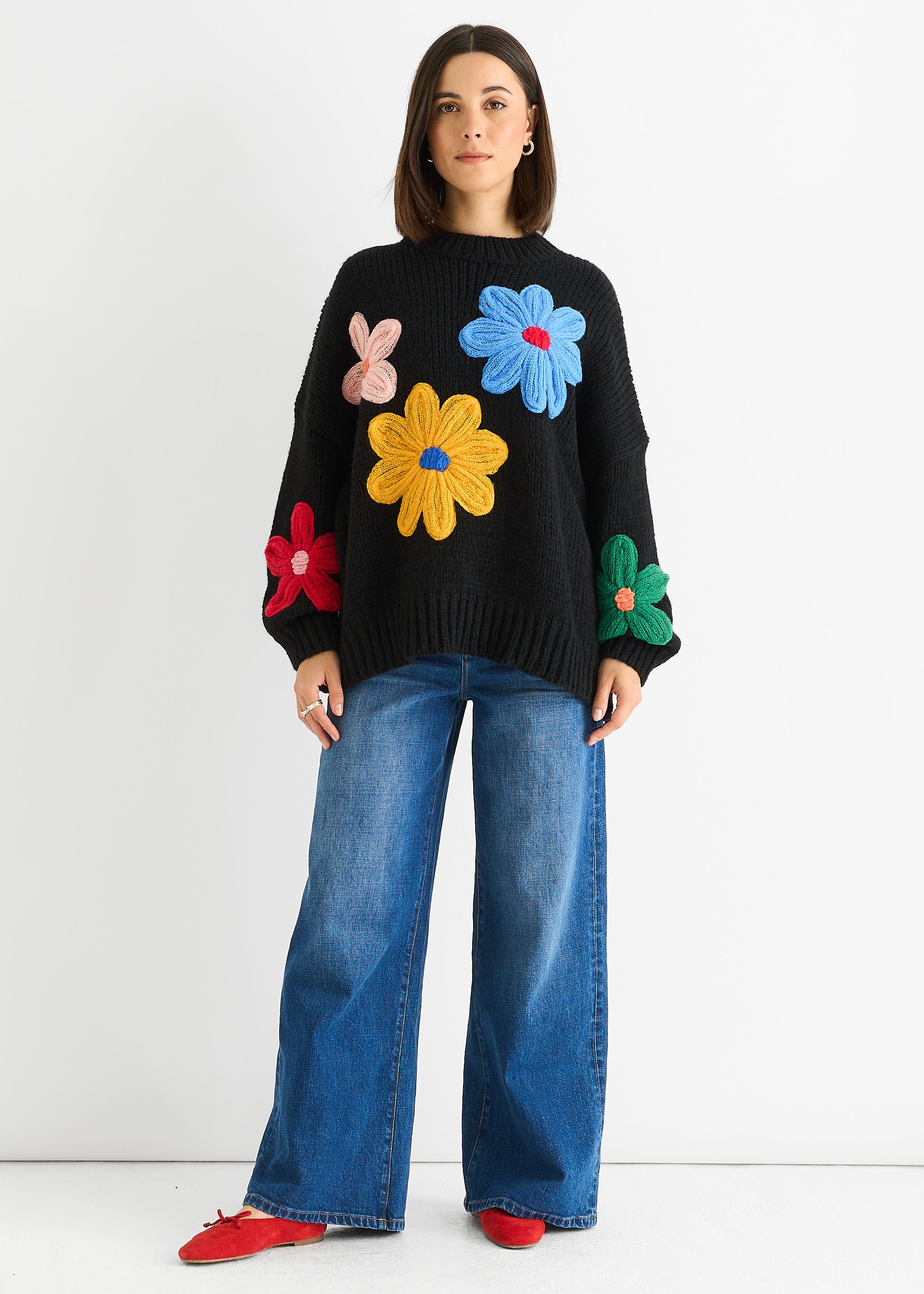 Black Floral Crochet Chunky Knit Oversized Jumper