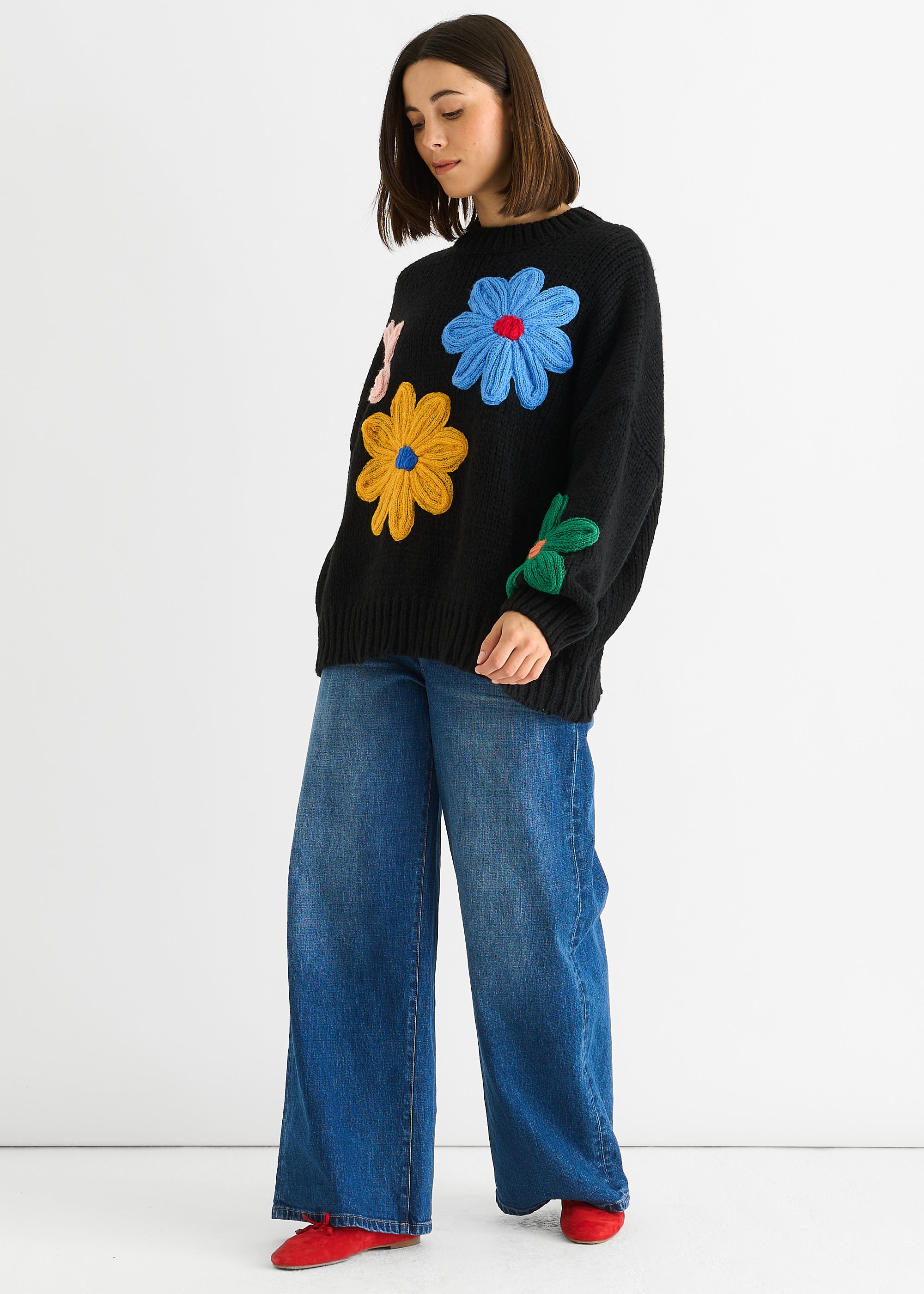 Black Floral Crochet Chunky Knit Oversized Jumper
