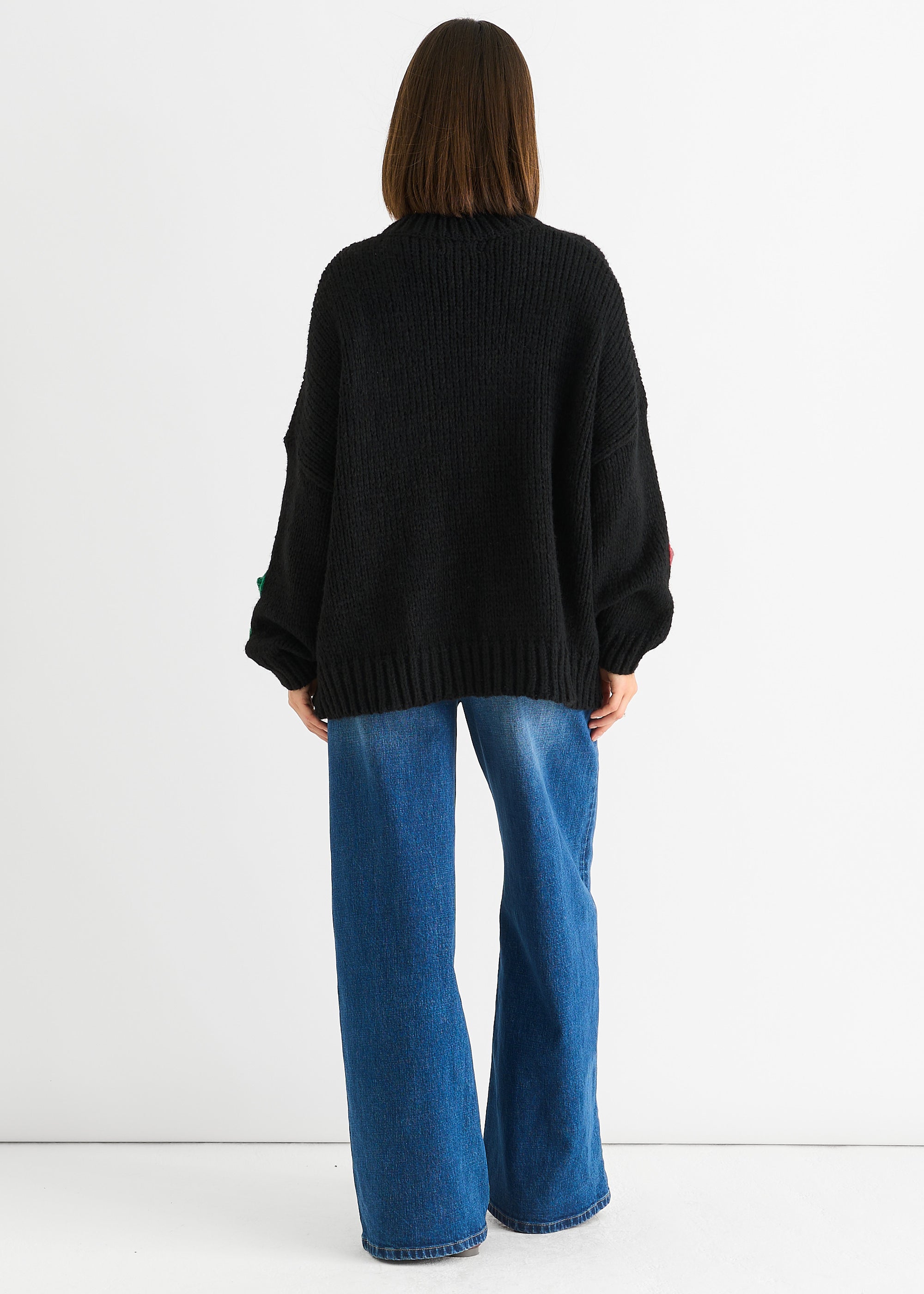 Black Floral Crochet Chunky Knit Oversized Jumper