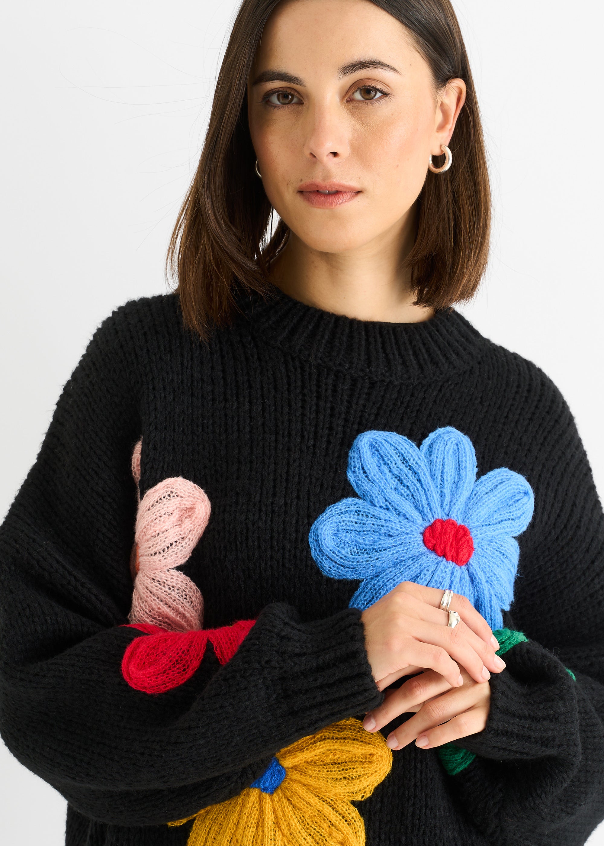 Black Floral Crochet Chunky Knit Oversized Jumper