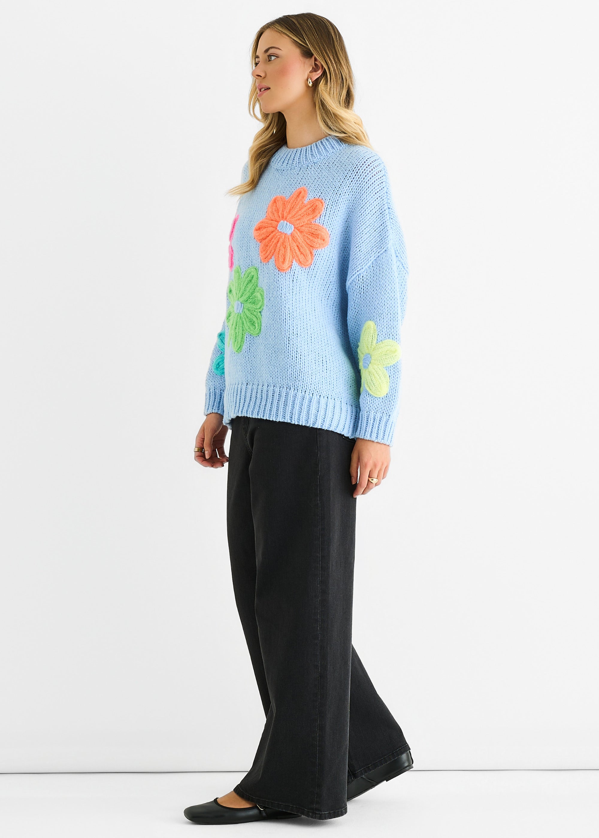 Blue Floral Crochet Chunky Knit Oversized Jumper