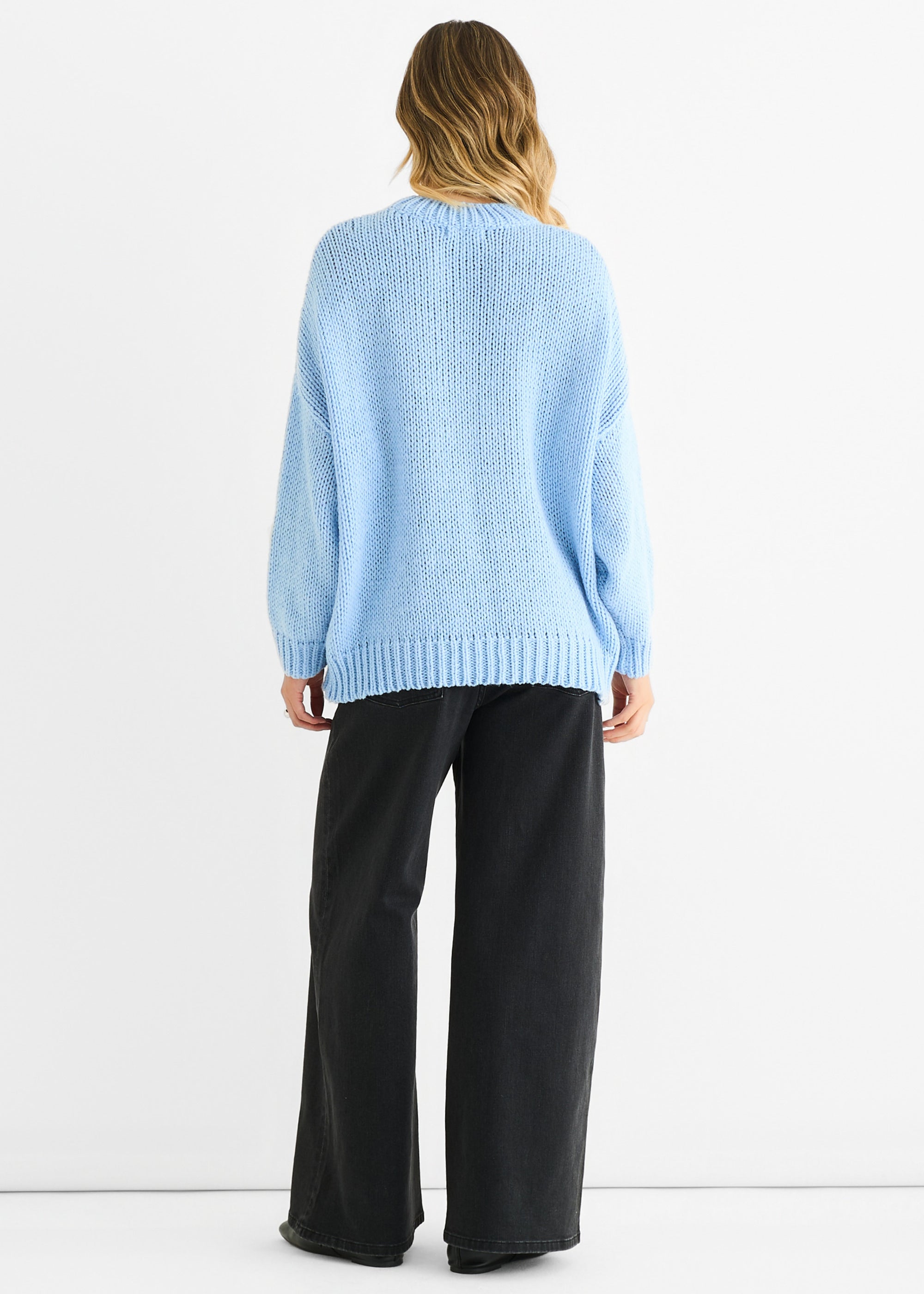 Blue Floral Crochet Chunky Knit Oversized Jumper
