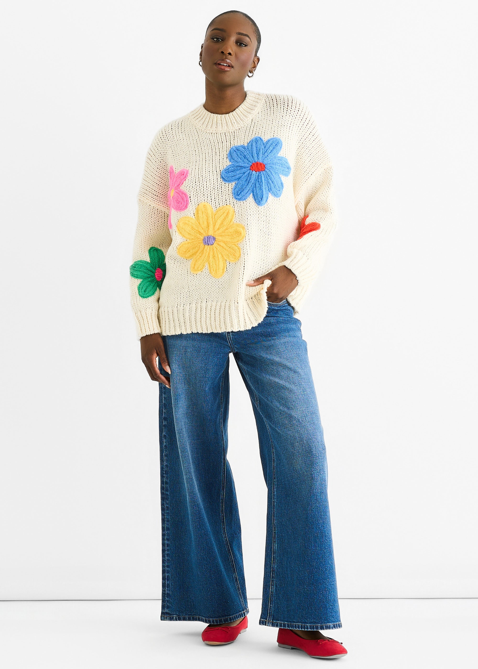 Cream Floral Crochet Chunky Knit Oversized Jumper