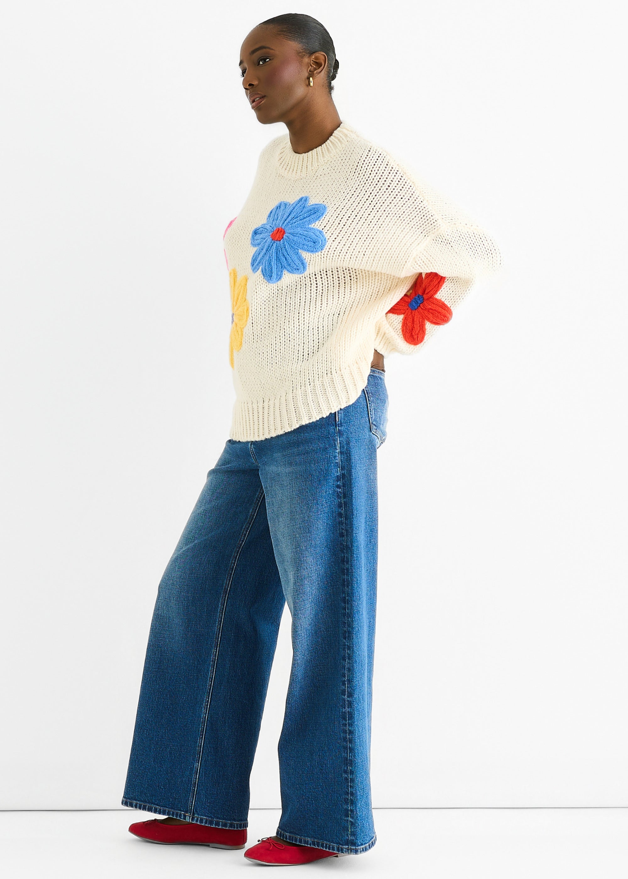 Cream Floral Crochet Chunky Knit Oversized Jumper