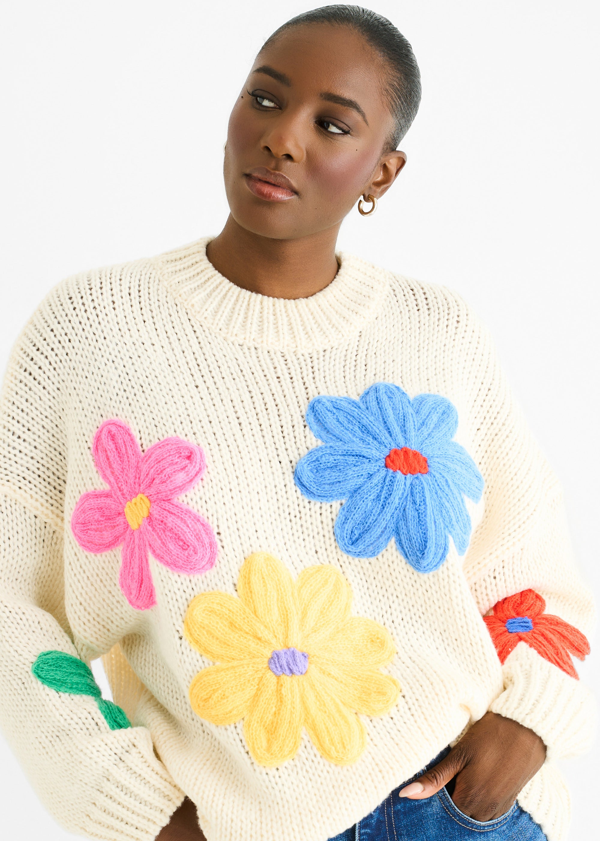 Cream Floral Crochet Chunky Knit Oversized Jumper