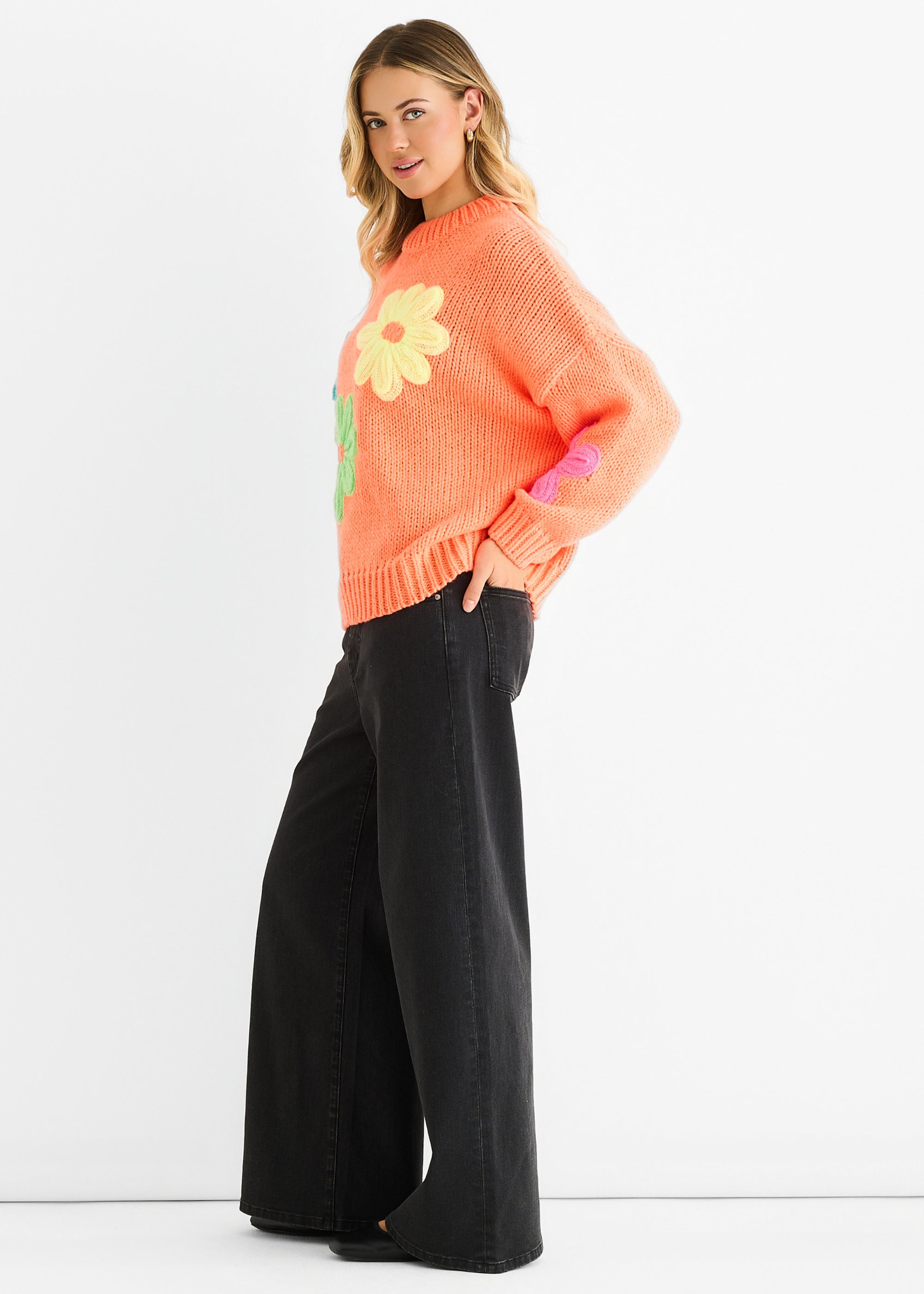 Orange Floral Crochet Chunky Knit Oversized Jumper