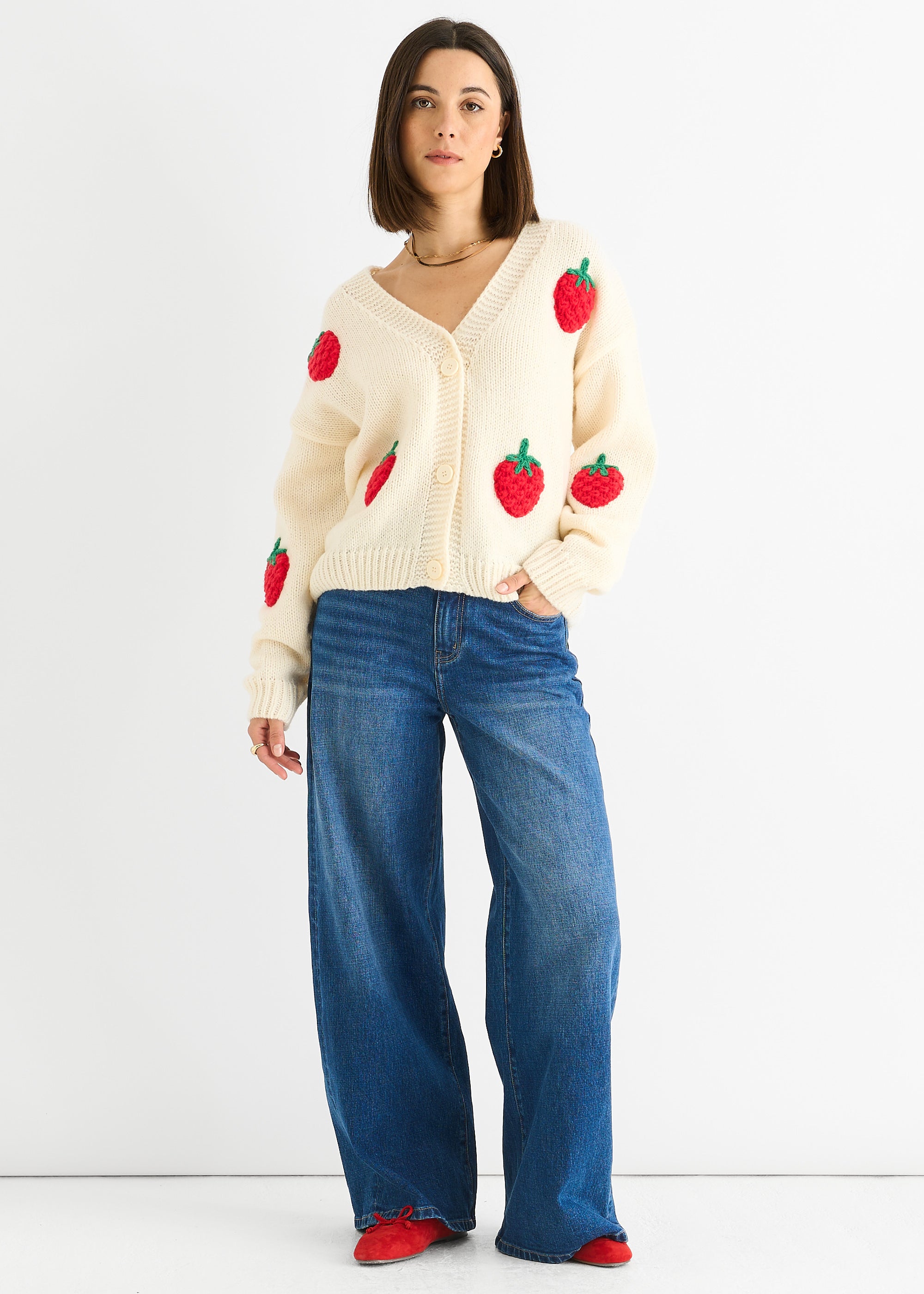 Cream Contrast Strawberry Knitted Short Cardigan