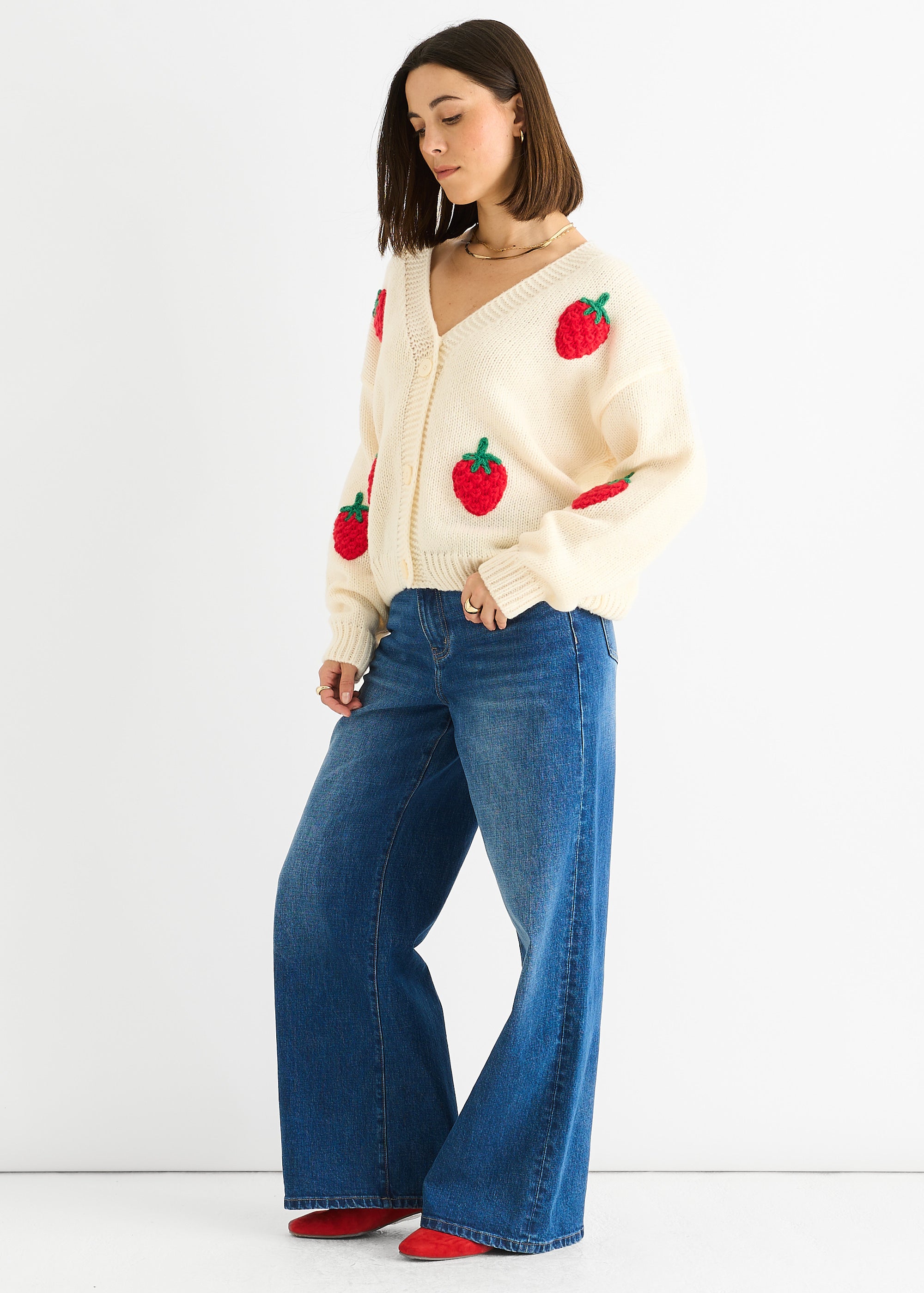 Cream Contrast Strawberry Knitted Short Cardigan