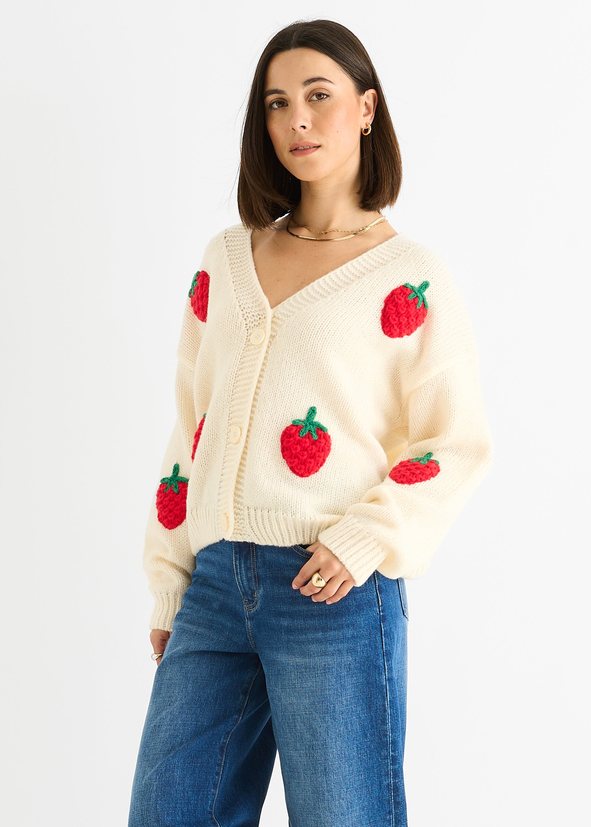 Cream Contrast Strawberry Knitted Short Cardigan